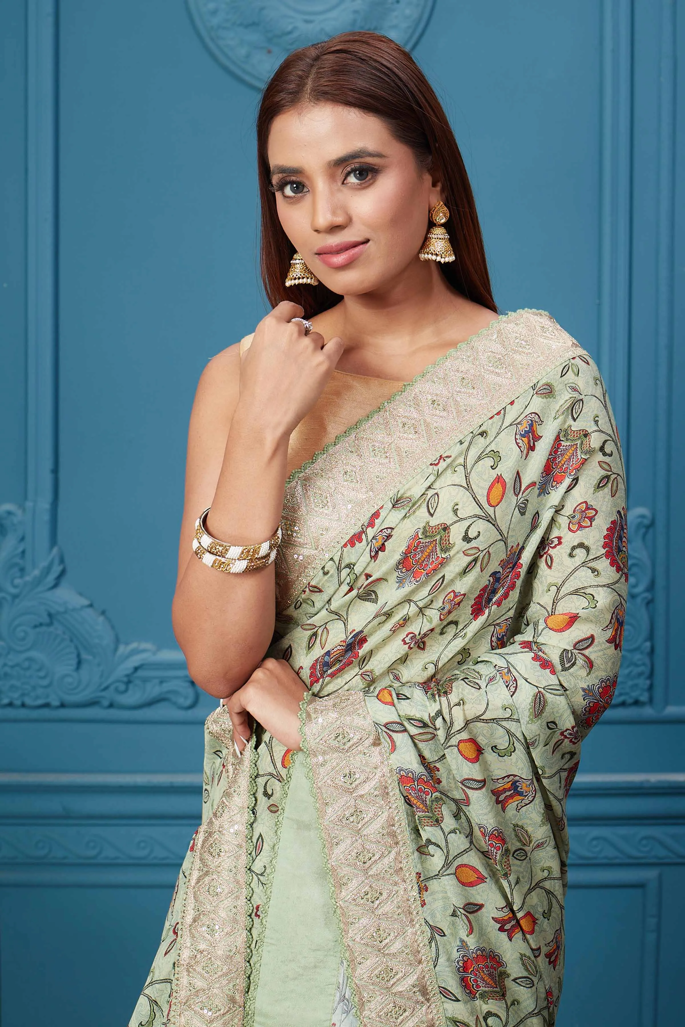 91A106 Sage Green Printed and Embroidered Crepe Silk Saree