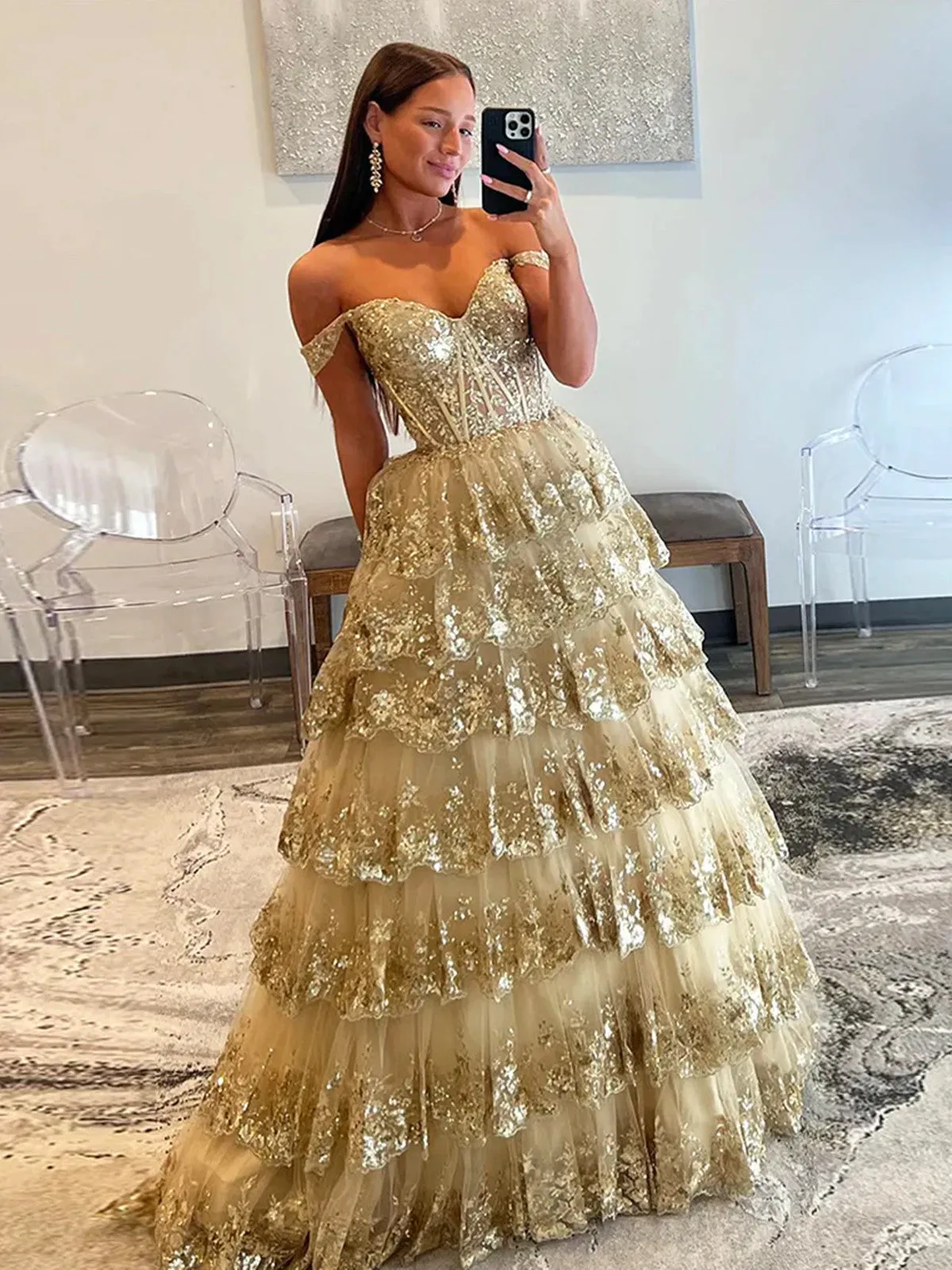 A Line Off Shoulder Golden Sequin Tulle  Long Prom Dress, Off The Shoulder Gold A Line Tulle Formal Evening Dresses