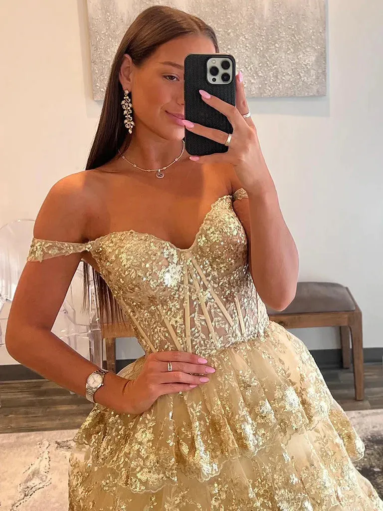 A Line Off Shoulder Golden Sequin Tulle  Long Prom Dress, Off The Shoulder Gold A Line Tulle Formal Evening Dresses