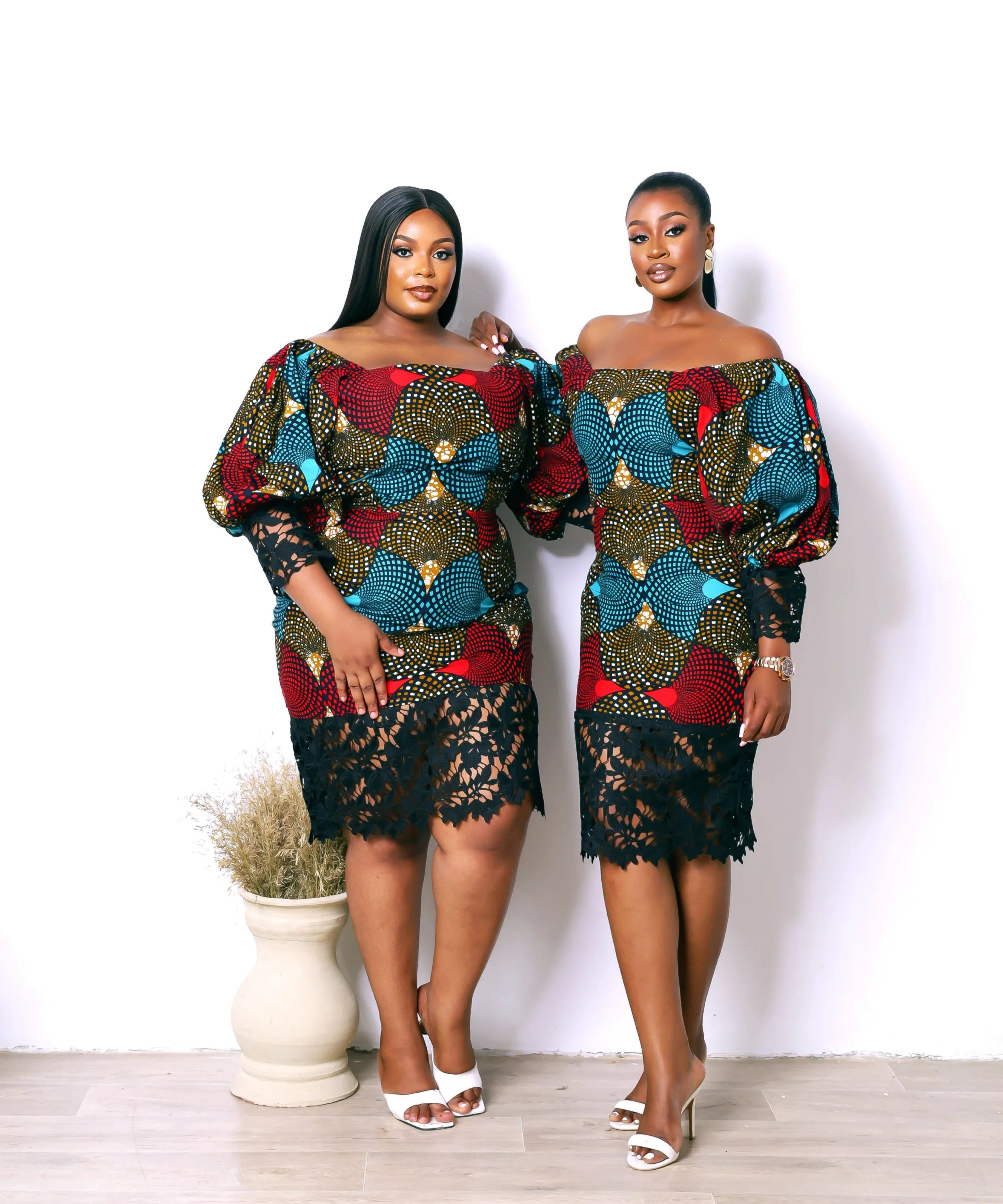 African Print Off Shoulder Puff Sleeve Pencil Midi Dress - Oderachi