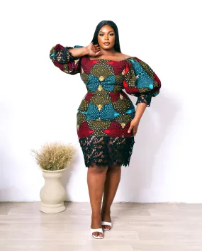 African Print Off Shoulder Puff Sleeve Pencil Midi Dress - Oderachi