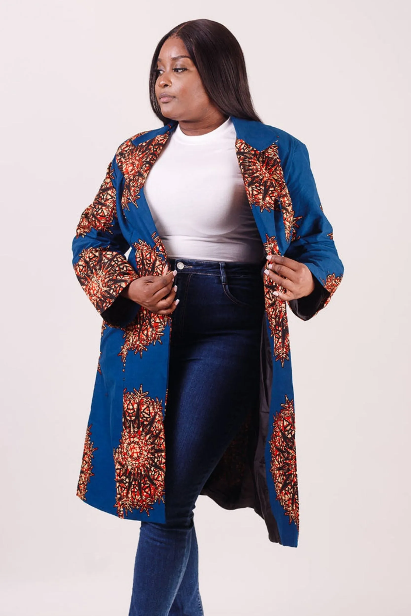 ALERA African Print Long Blazer (Blue with Orange Pattern)