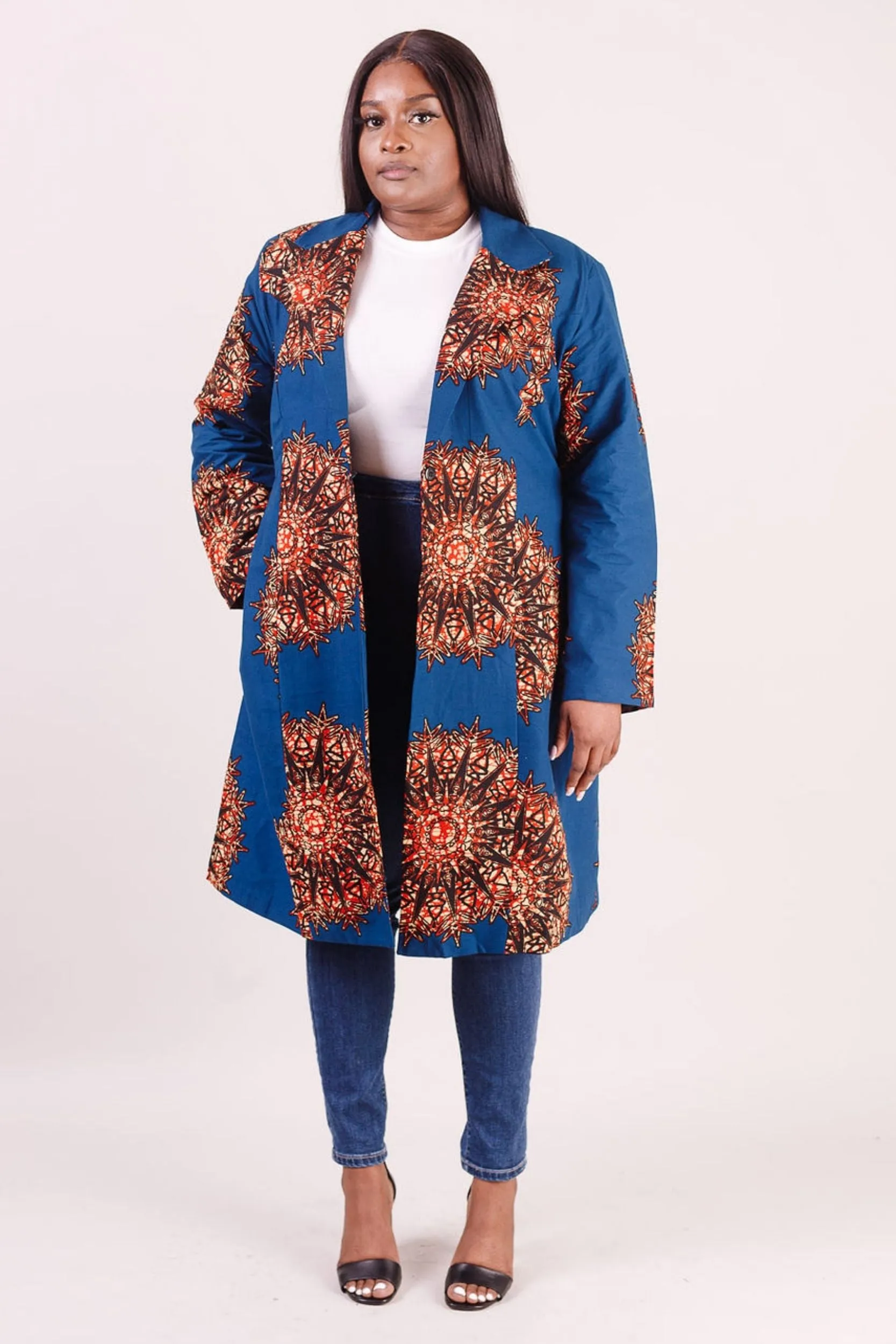 ALERA African Print Long Blazer (Blue with Orange Pattern)