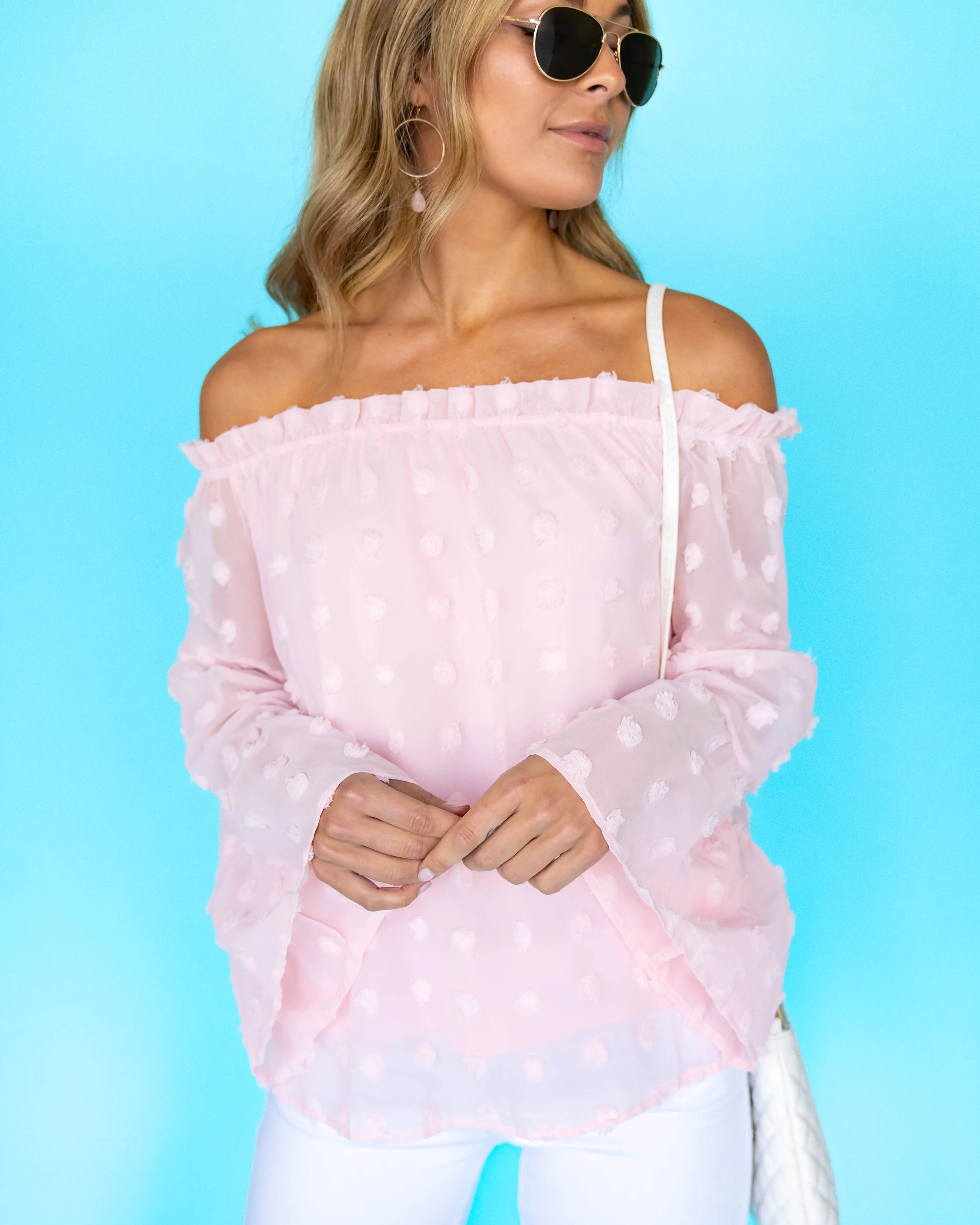 Alexia Off Shoulder Pom Pom Top - Carnation Pink