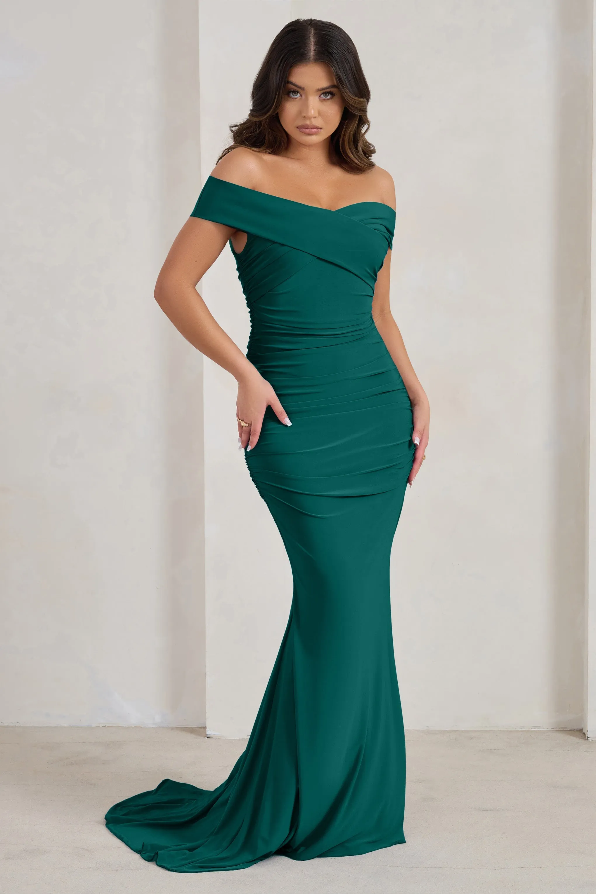 Apolline | Bottle Green Off The Shoulder Ruched Fishtail Maxi Dress