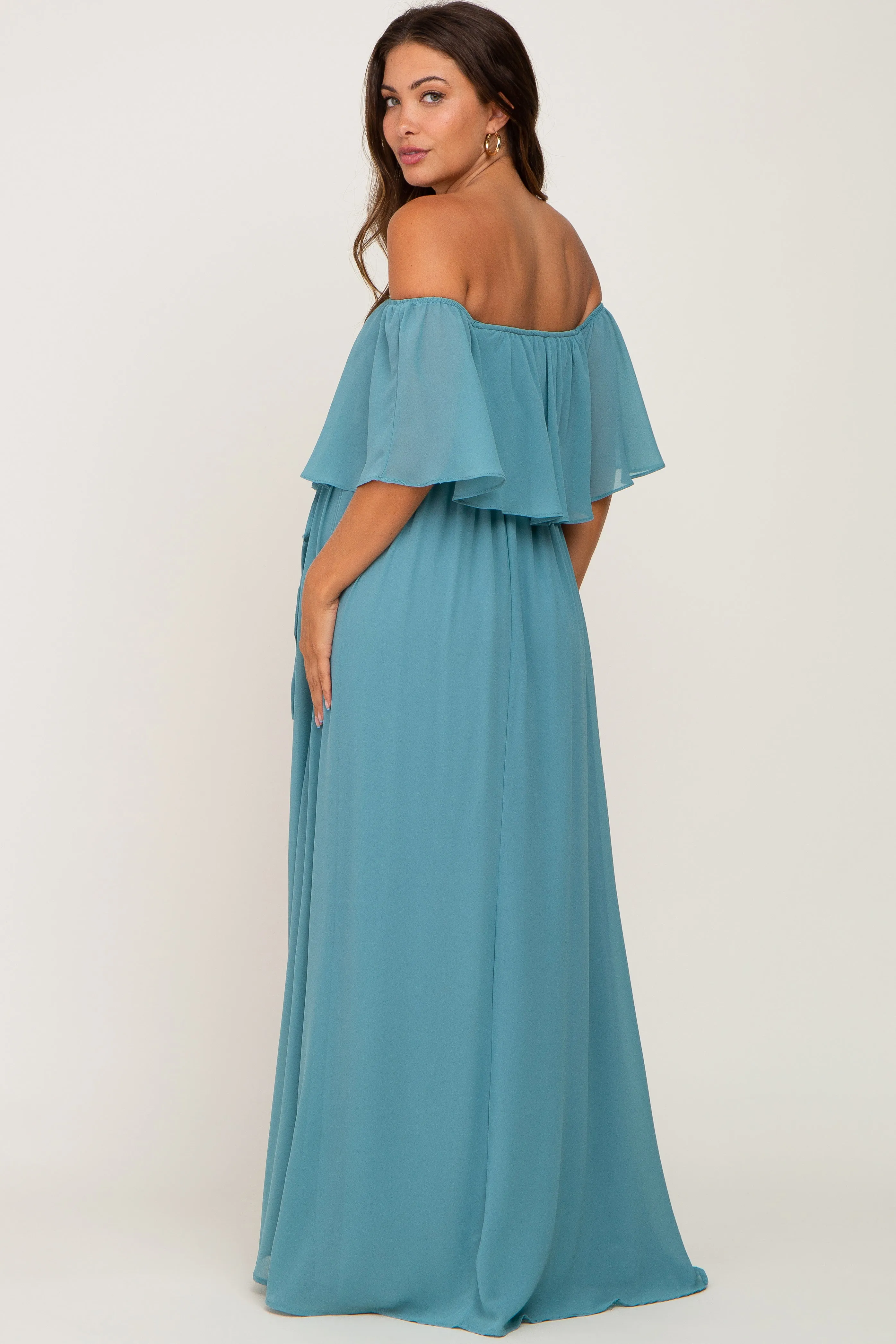 Aqua Chiffon Off Shoulder Maternity Maxi Dress