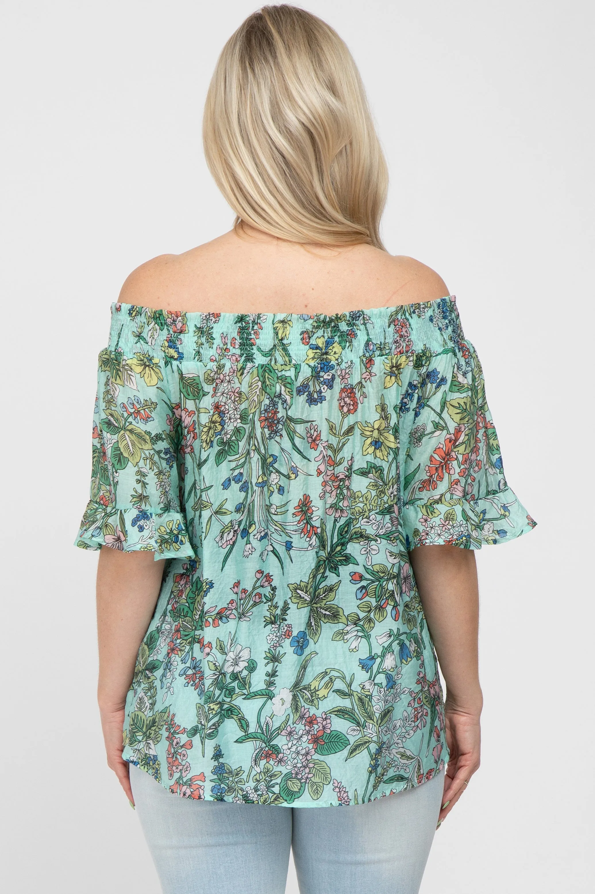 Aqua Floral Smocked Off Shoulder Maternity Top