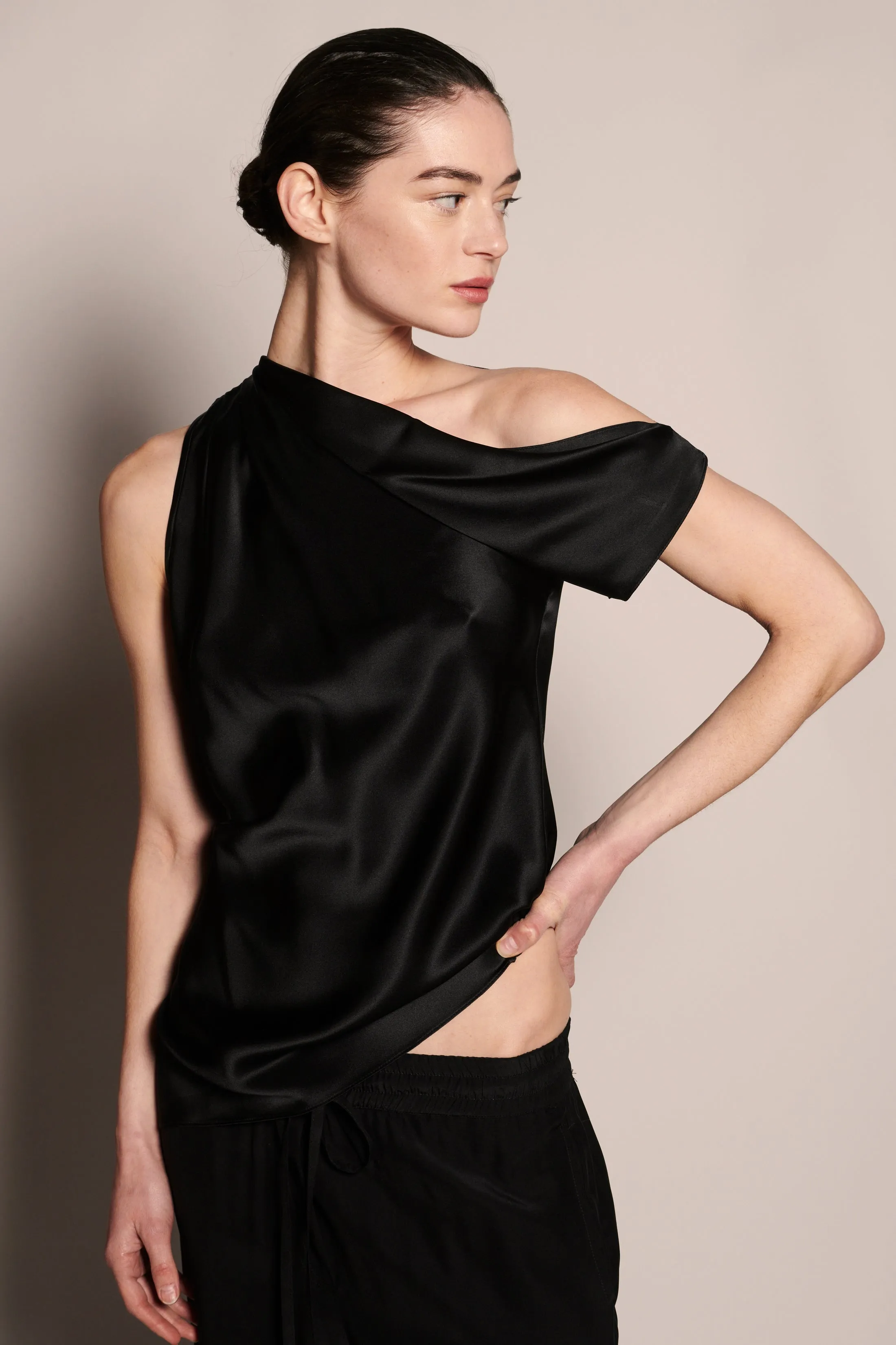 Asymmetric Draped Shoulder Top - Walnut