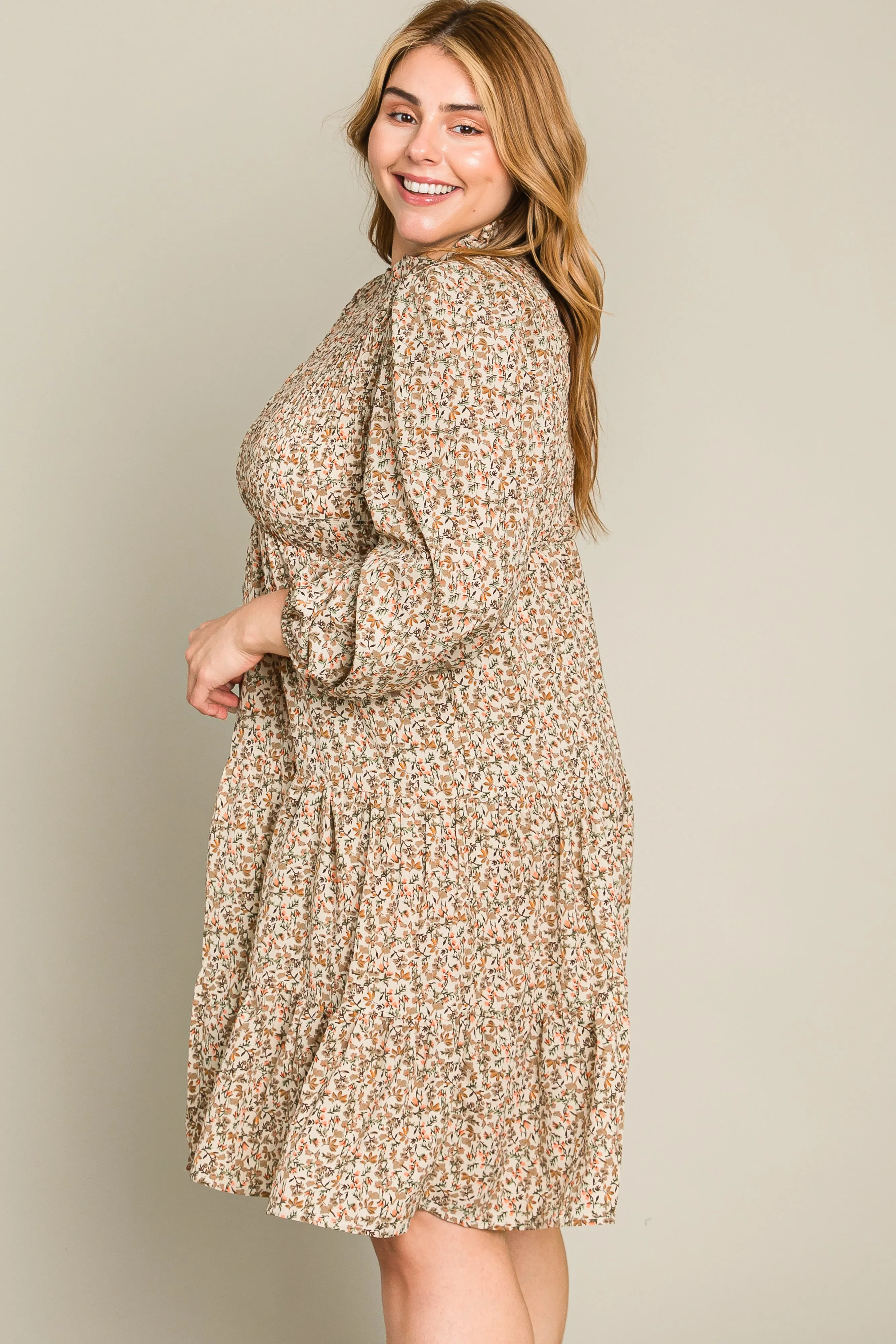 Beige Floral Shirred Mock Neck Plus Dress