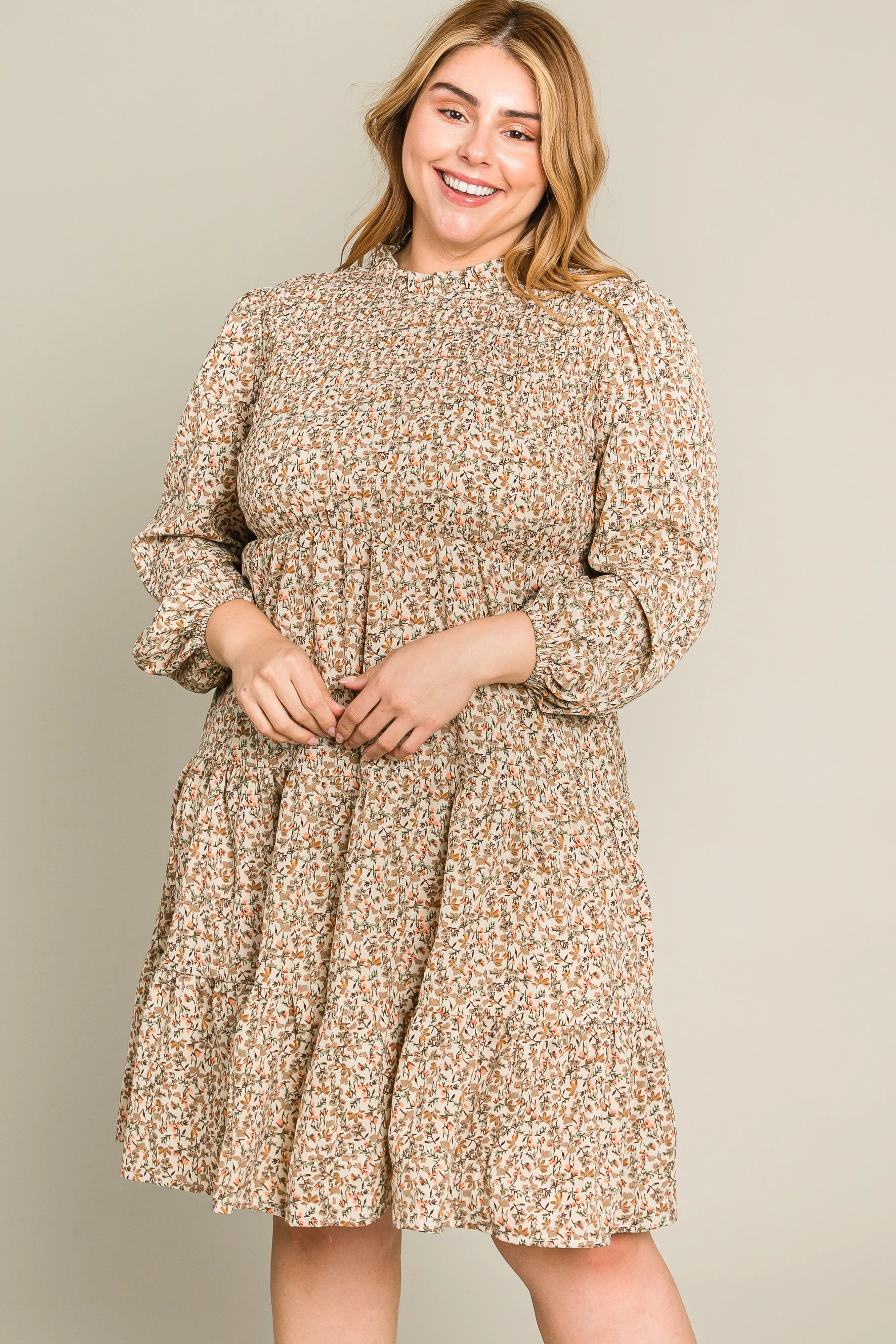 Beige Floral Shirred Mock Neck Plus Dress