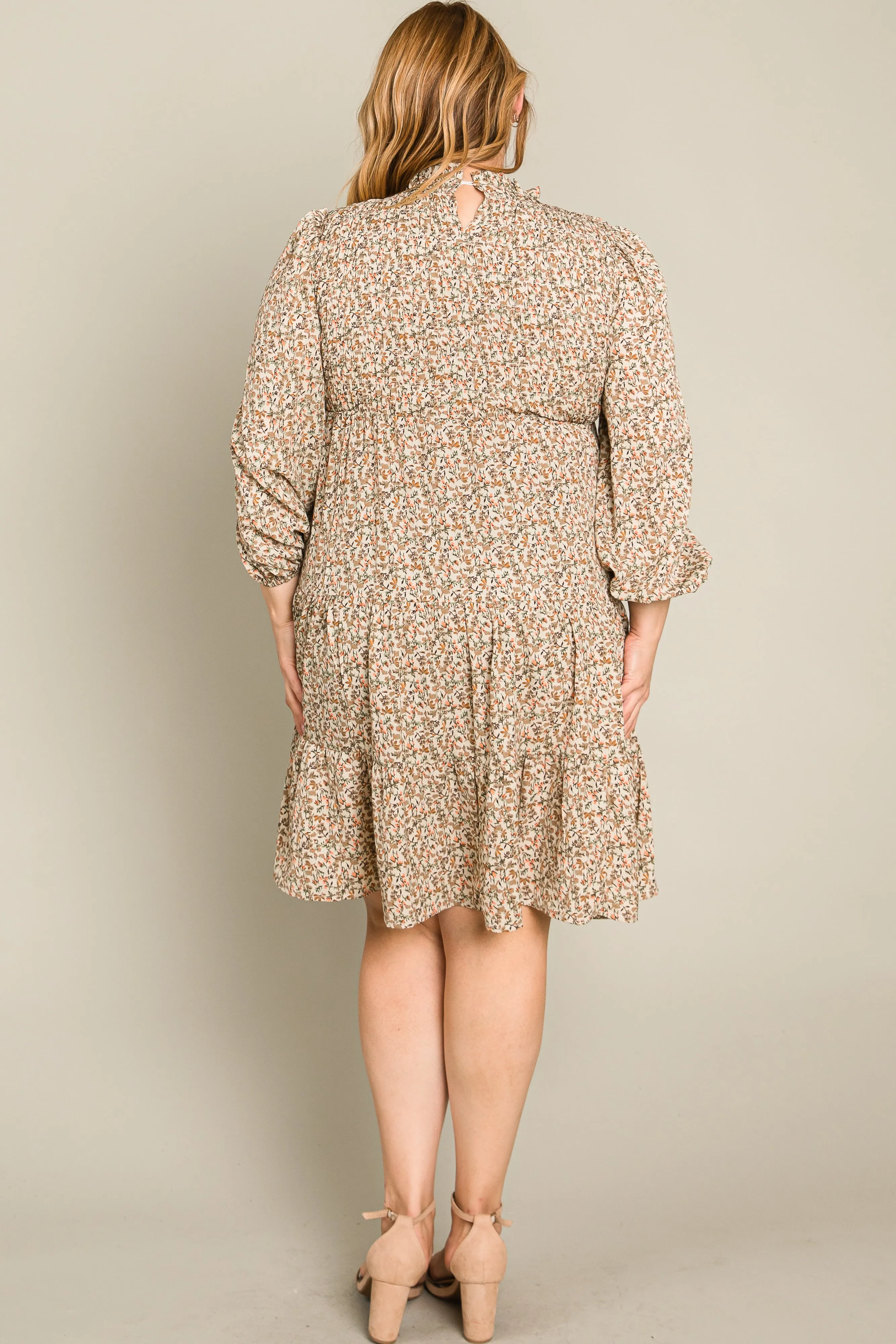 Beige Floral Shirred Mock Neck Plus Dress