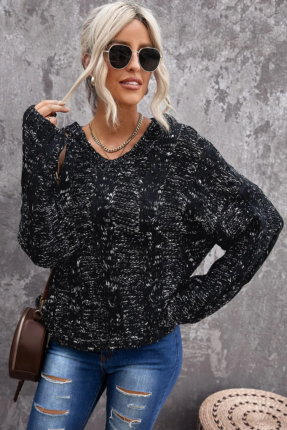 Black Drop Shoulder Loose Hooded Sweater