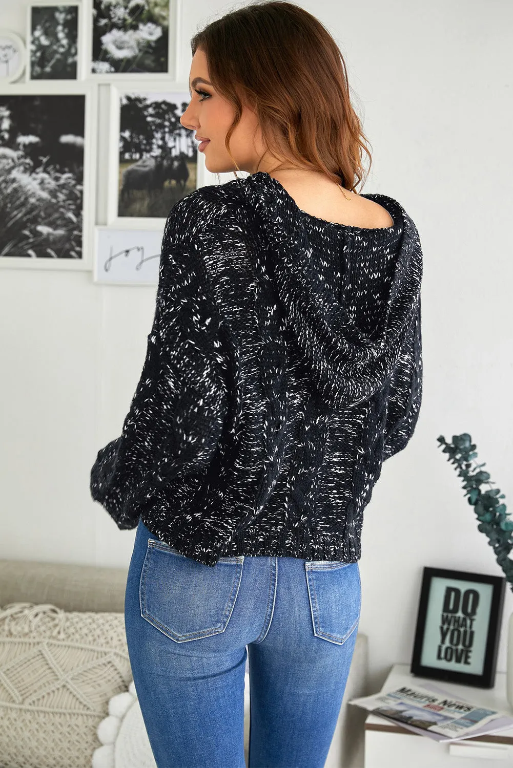 Black Drop Shoulder Loose Hooded Sweater