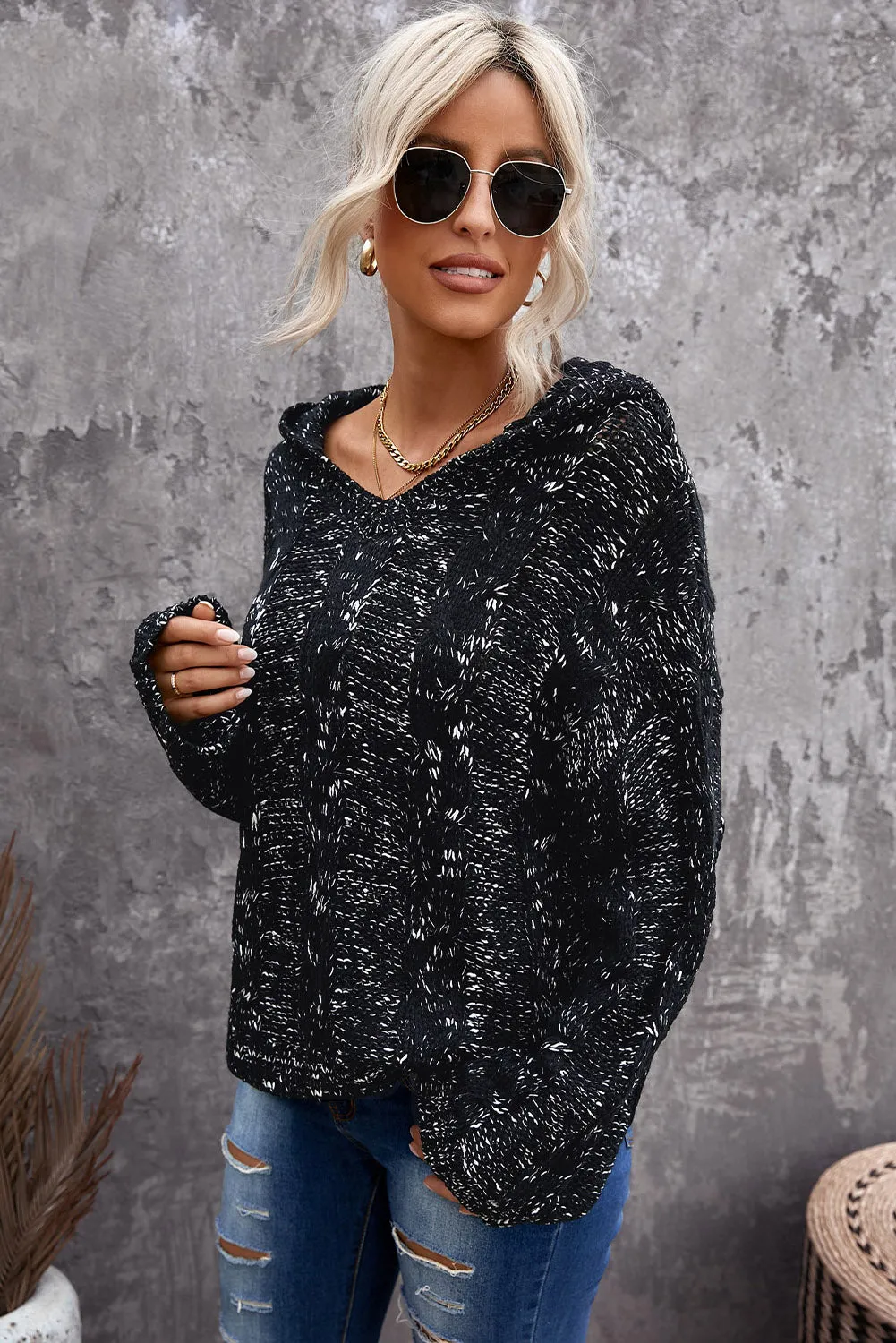 Black Drop Shoulder Loose Hooded Sweater