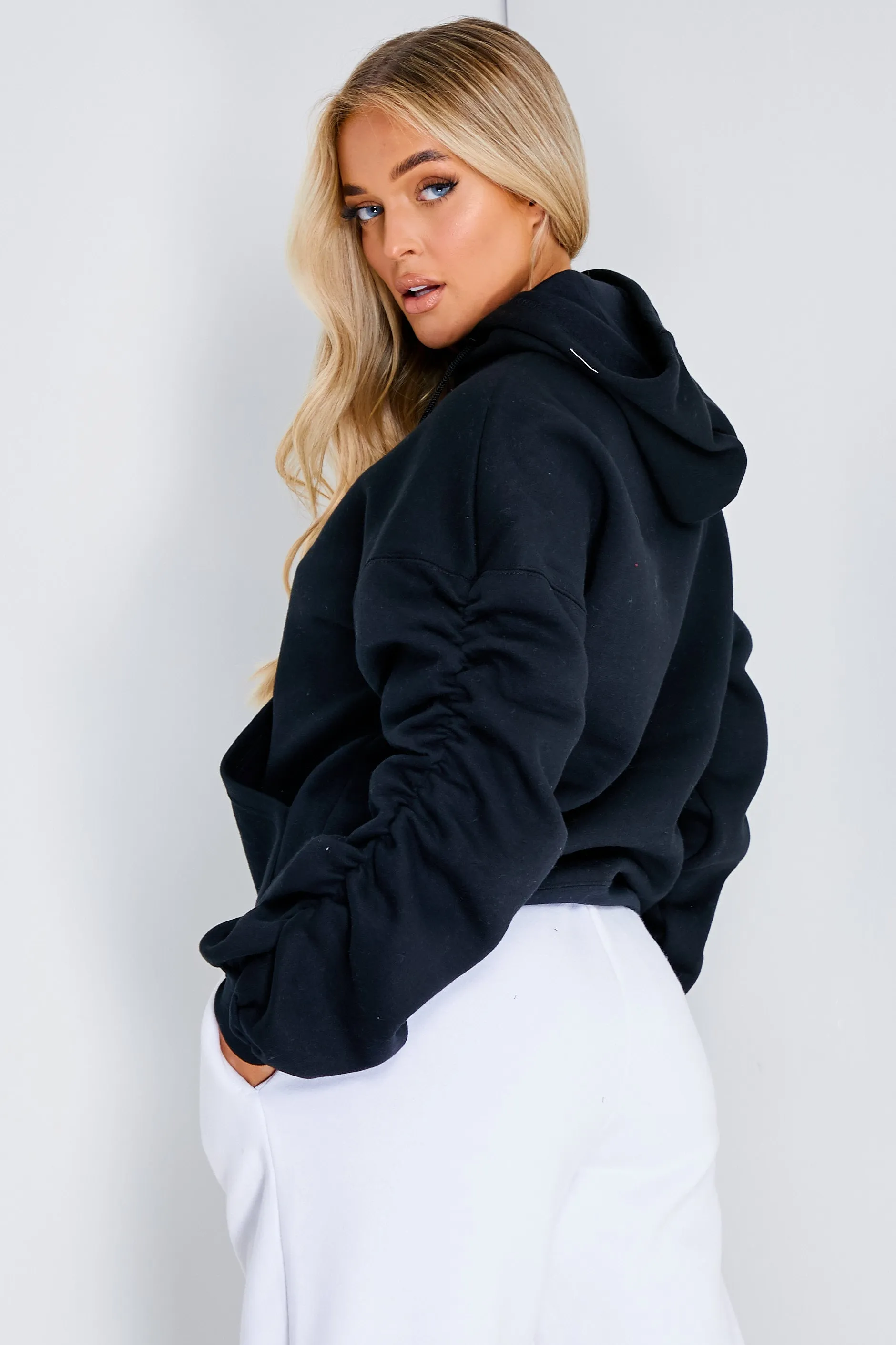 Black Drop Shoulder Ruched Sleeve Oversized Hoodie