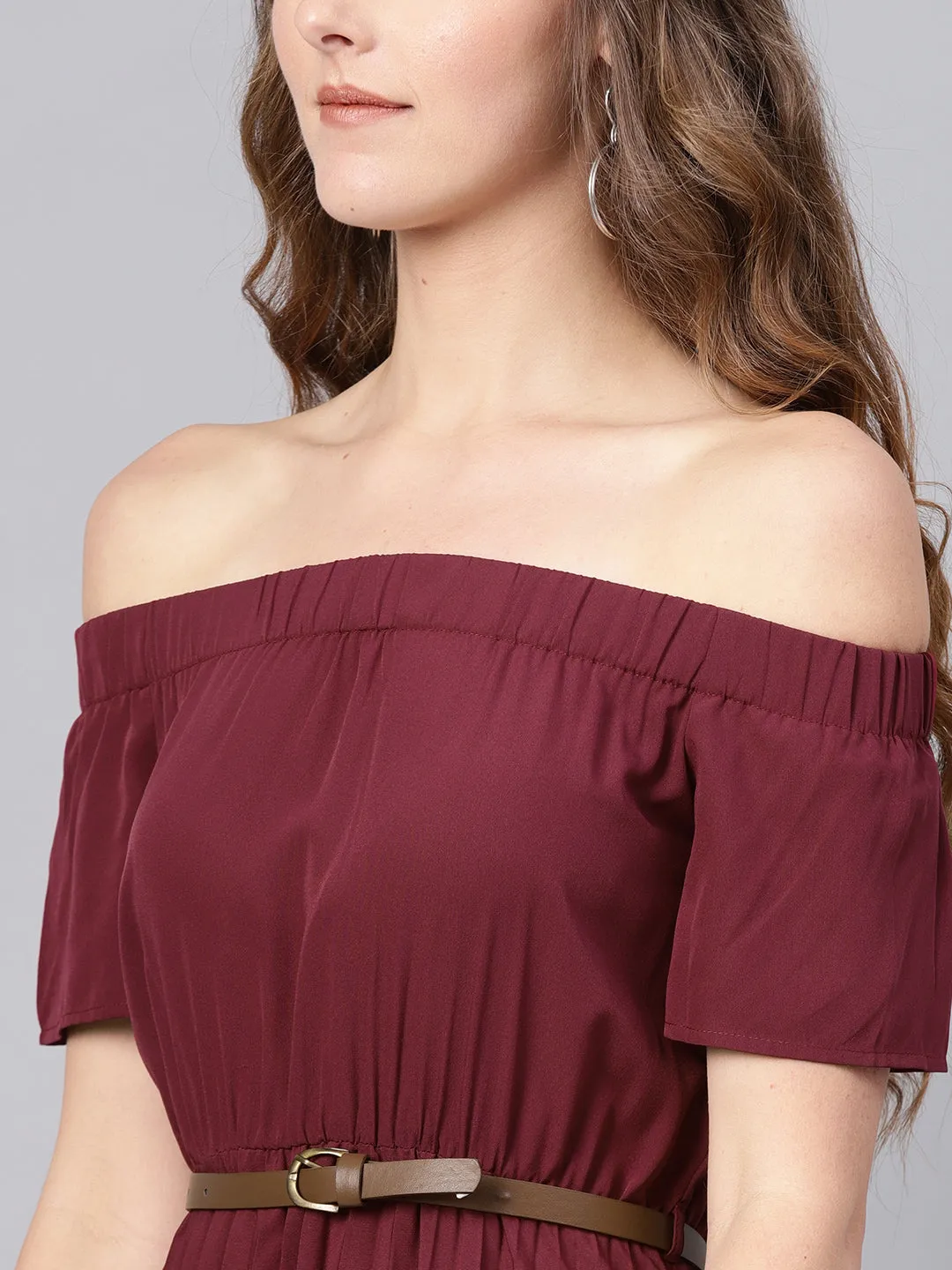 Burgundy Off Shoulder High Low Belted Pleated Dress