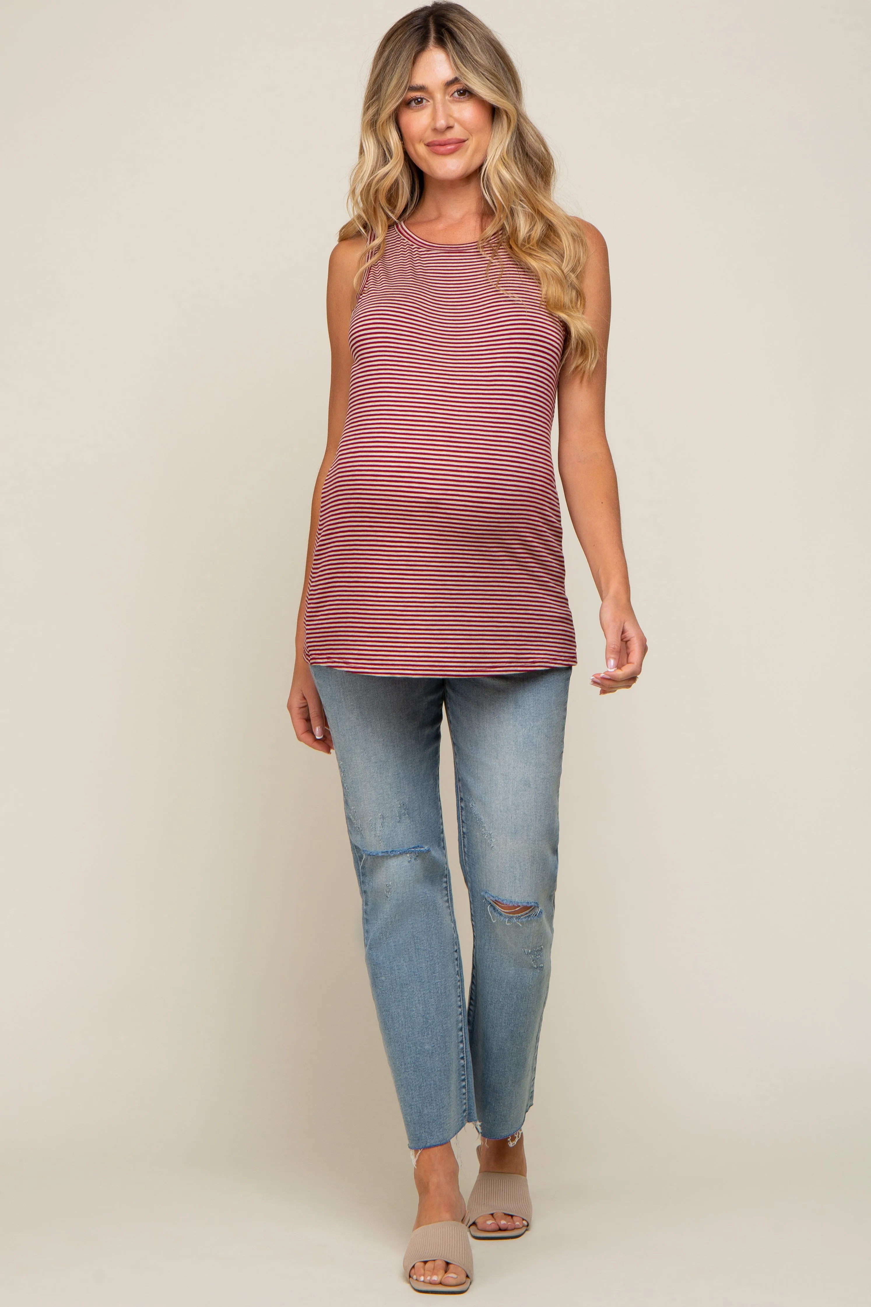 Burgundy Striped Sleeveless Maternity Tank Top