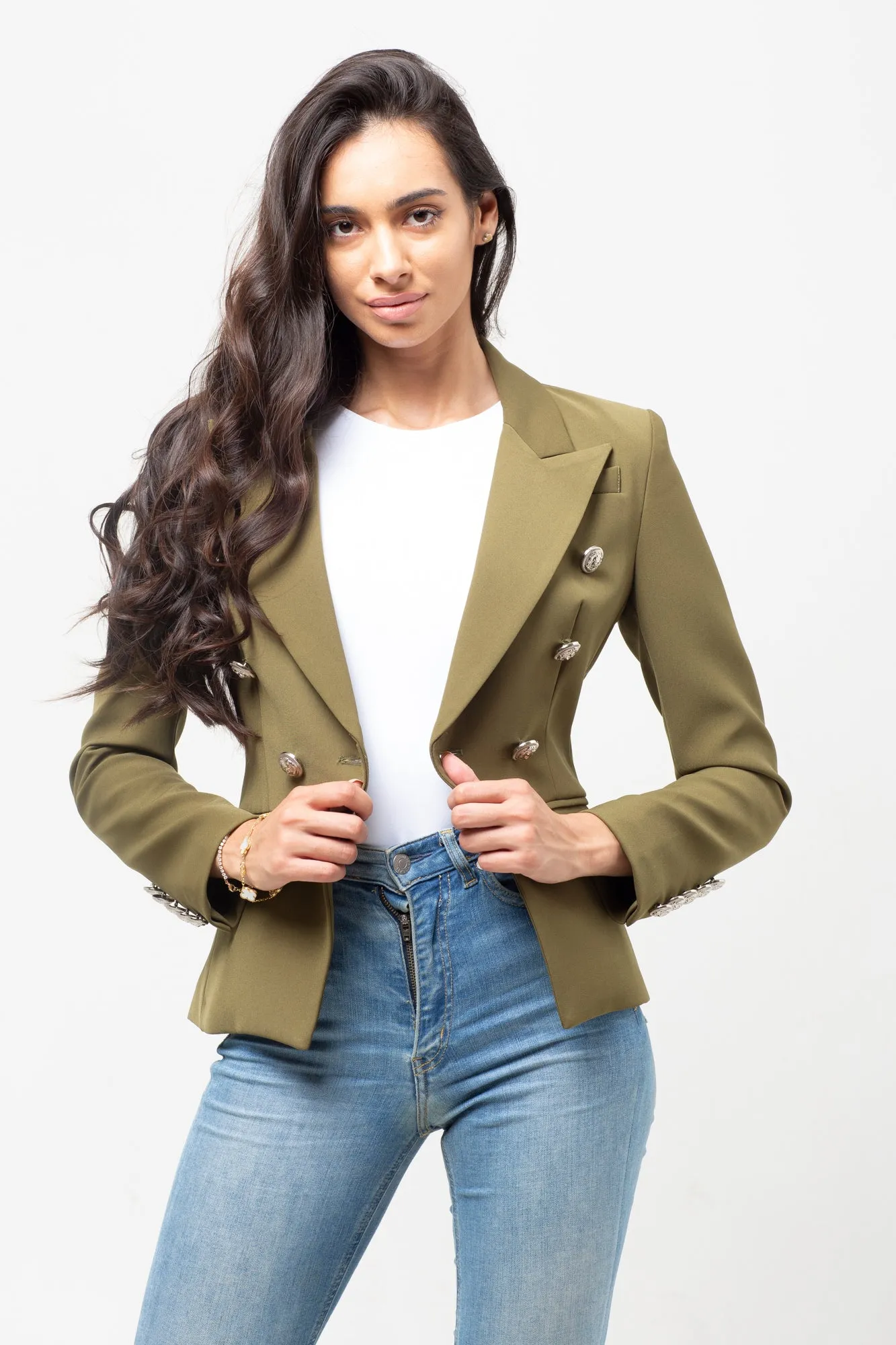 CLASSIC SILVER BUTTON BLAZER OLIVE