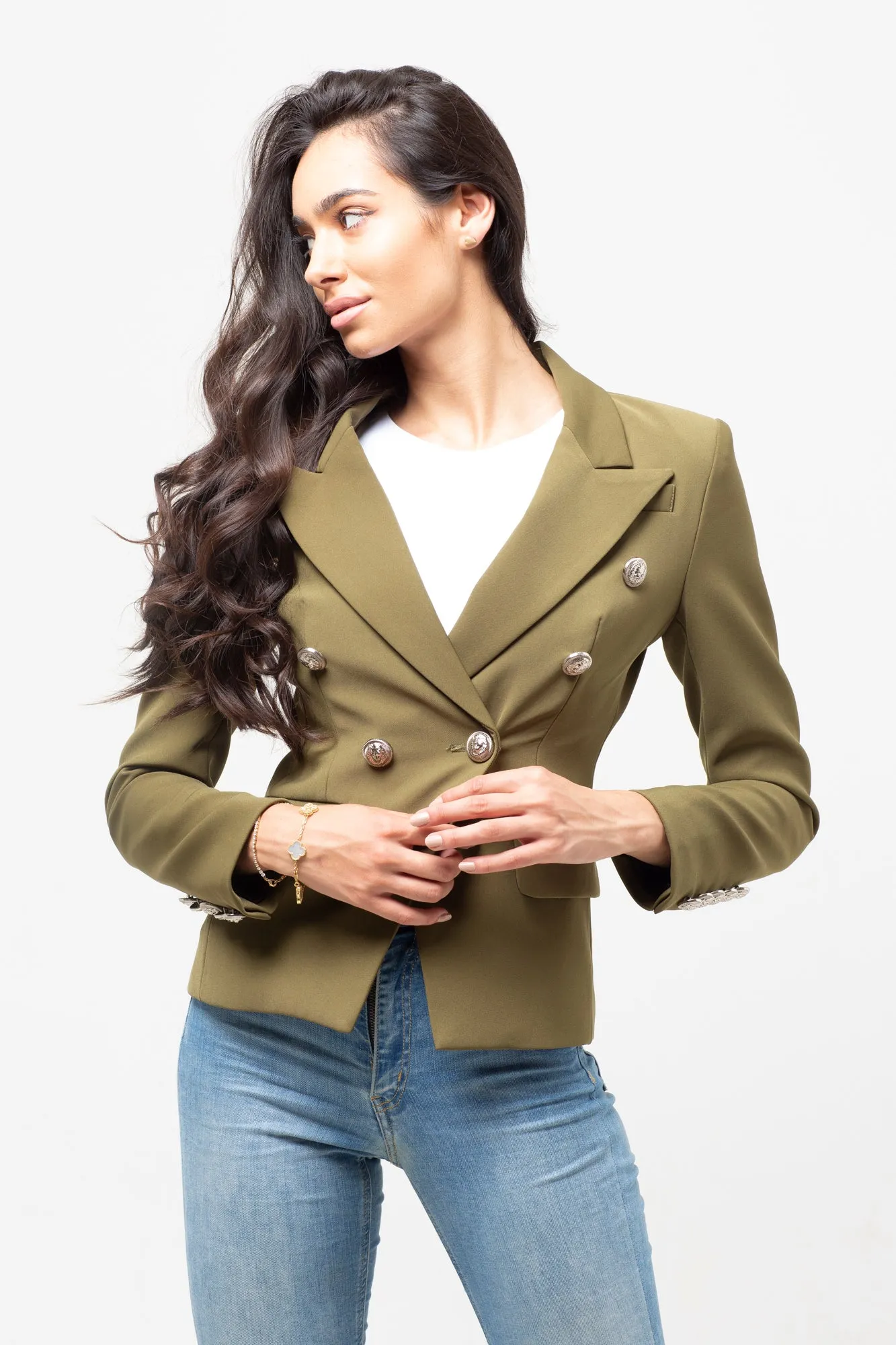 CLASSIC SILVER BUTTON BLAZER OLIVE