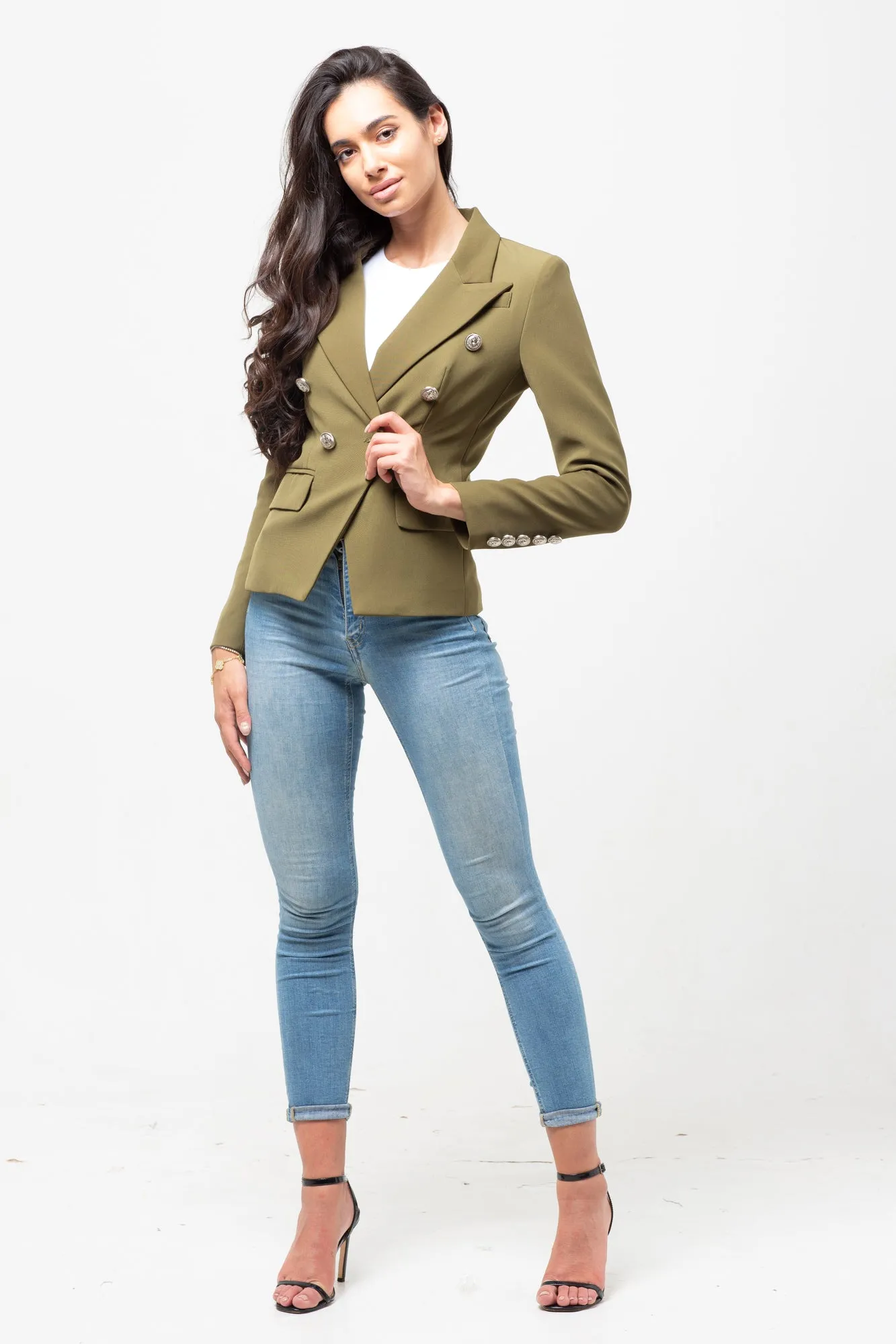 CLASSIC SILVER BUTTON BLAZER OLIVE