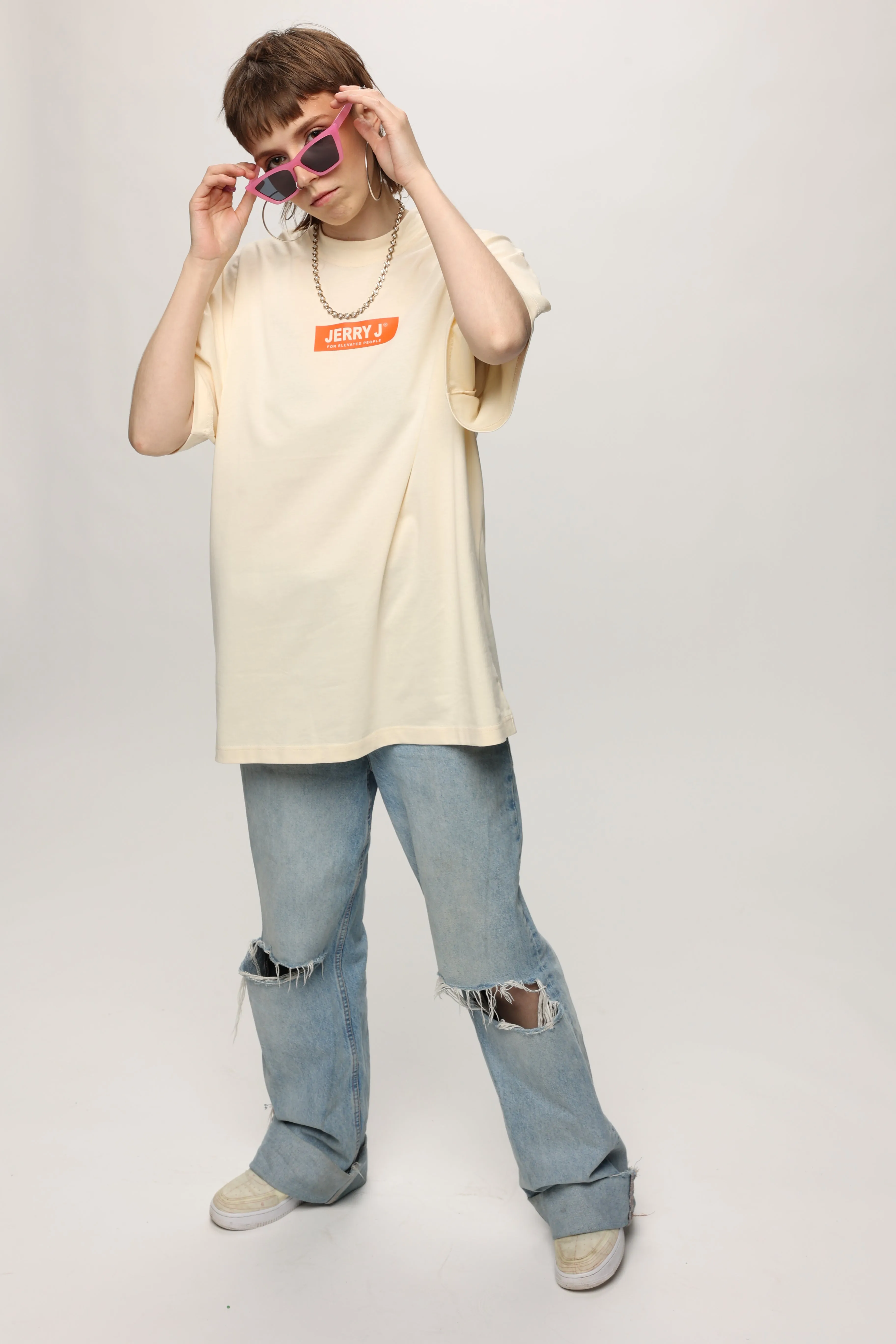 CREAM OVERSIZED MOCK NECK TEE