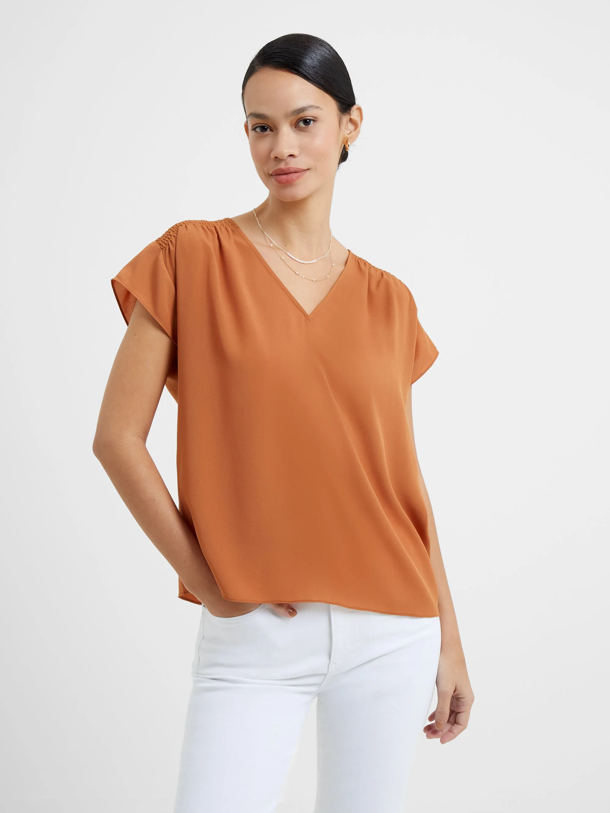 Crepe Light Smocked Shoulder V-Neck Top