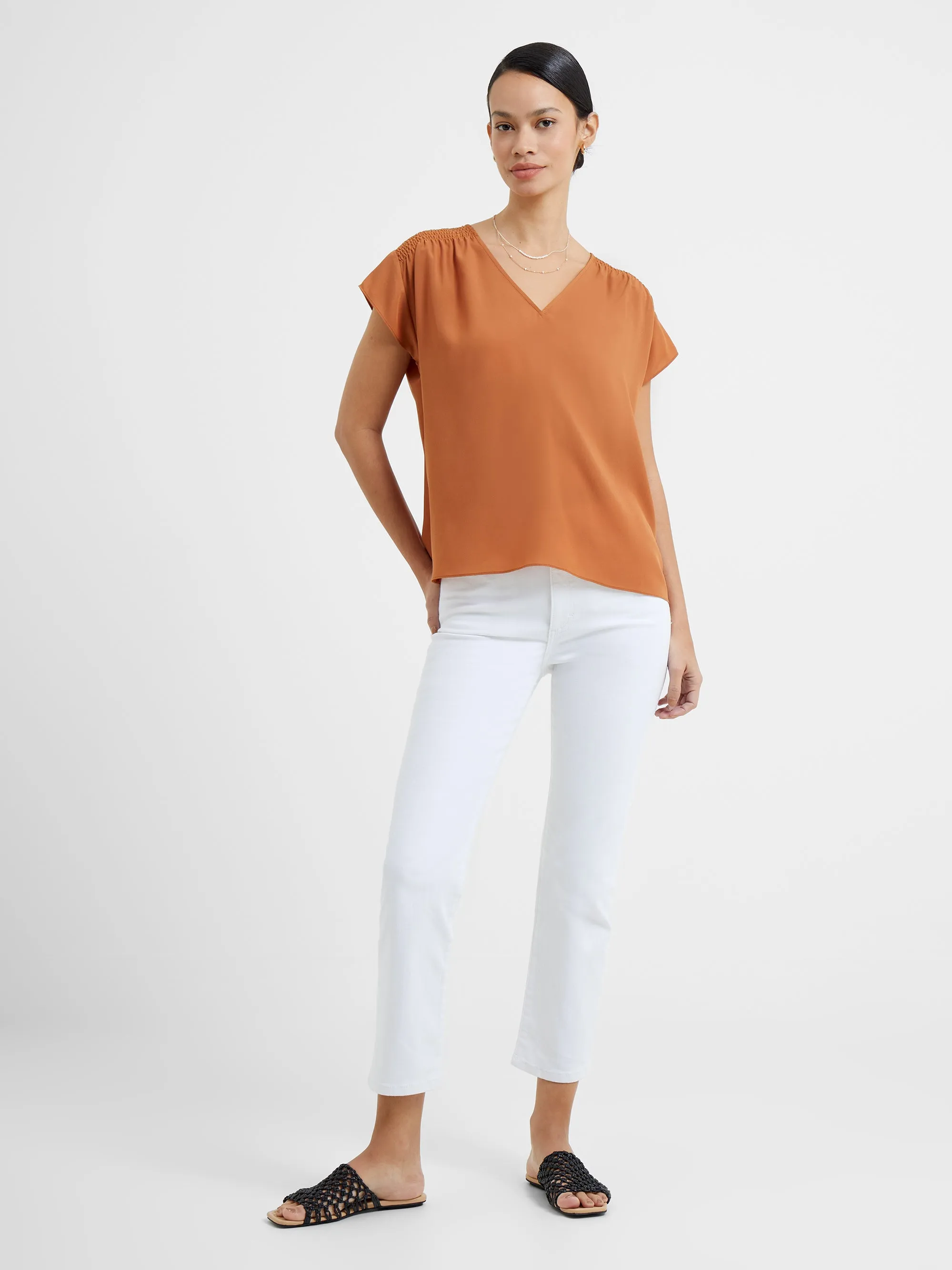 Crepe Light Smocked Shoulder V-Neck Top