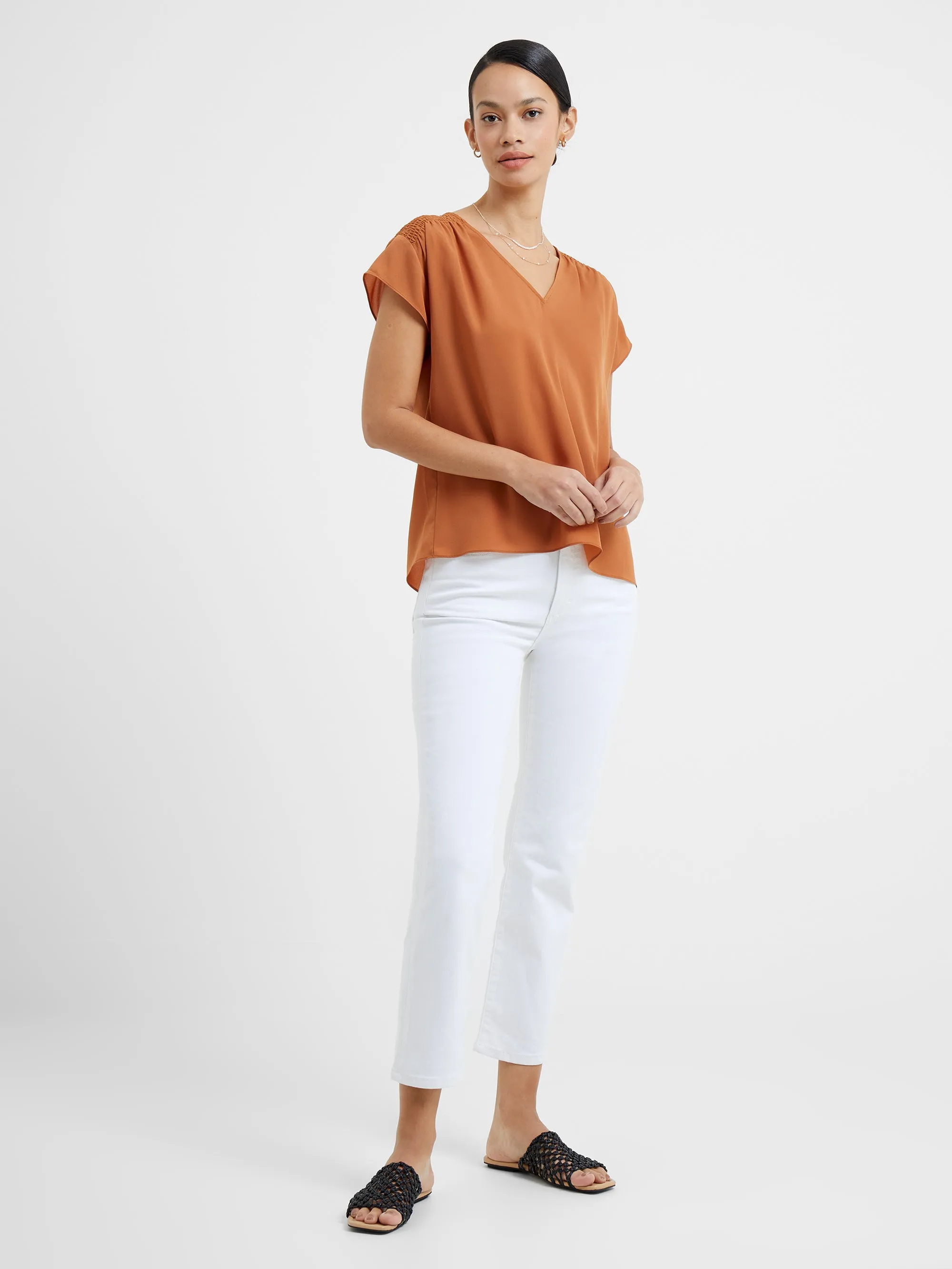 Crepe Light Smocked Shoulder V-Neck Top