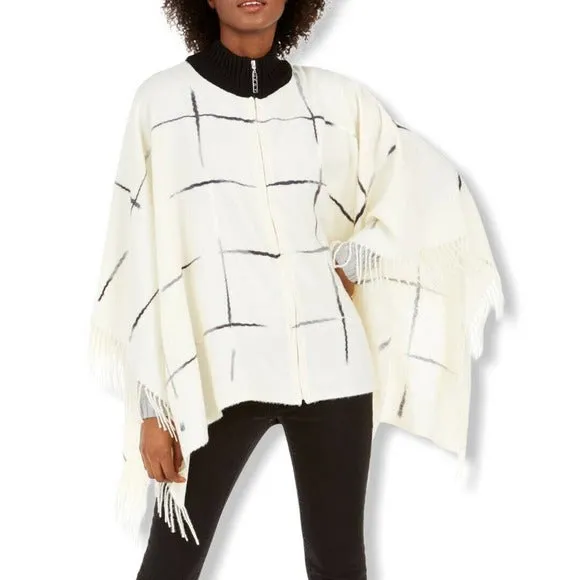 DKNY Women's Zip Front Ombre Twist Ruana Mock Neck Soft Poncho, Ivory