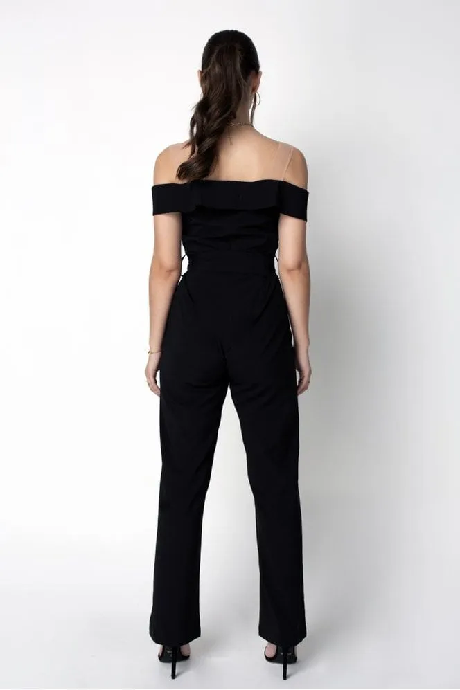 Double Second Black Off-shoulder Belted Shirt Jumpsuit