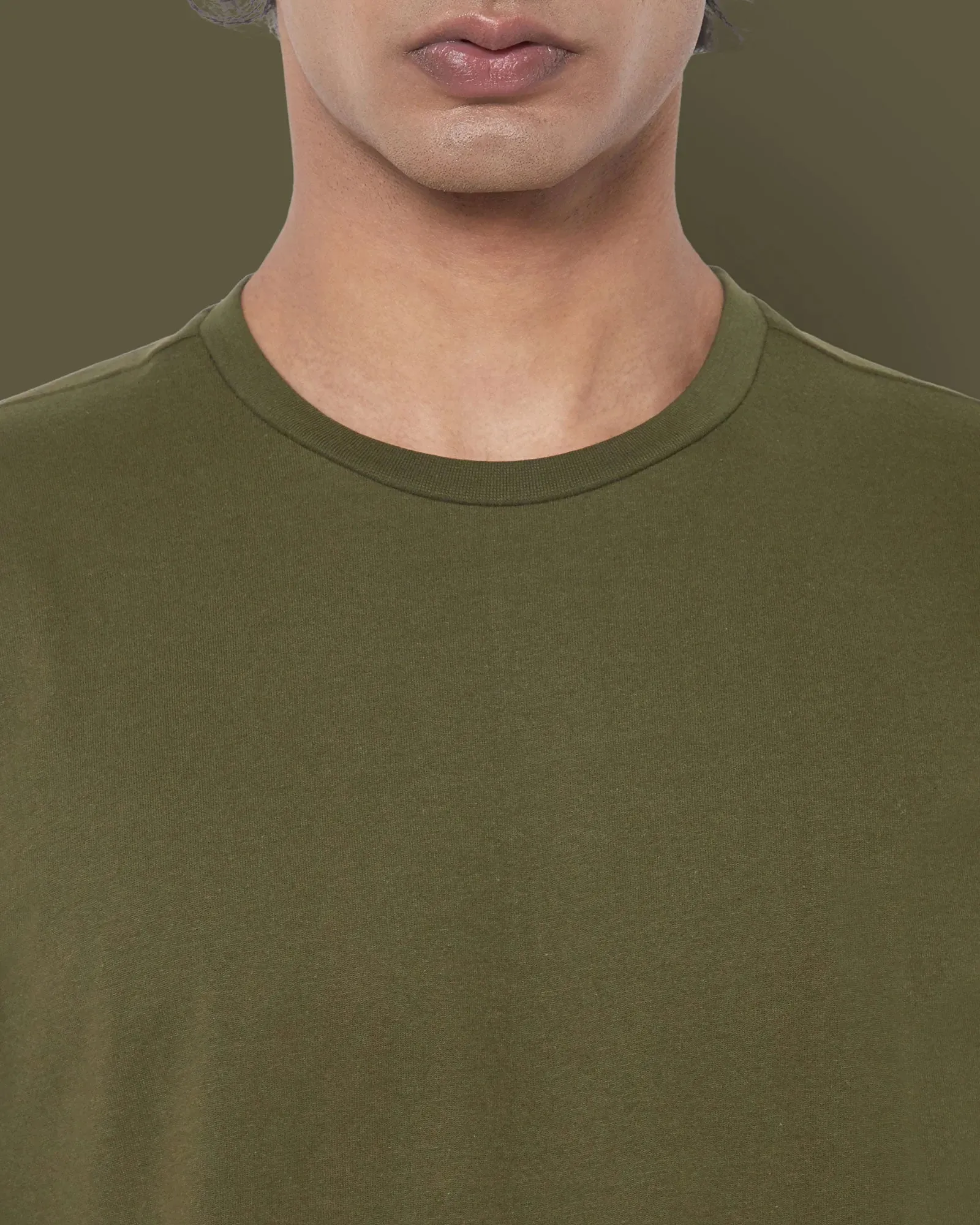 Drop Shoulder Crew Neck: Military Green