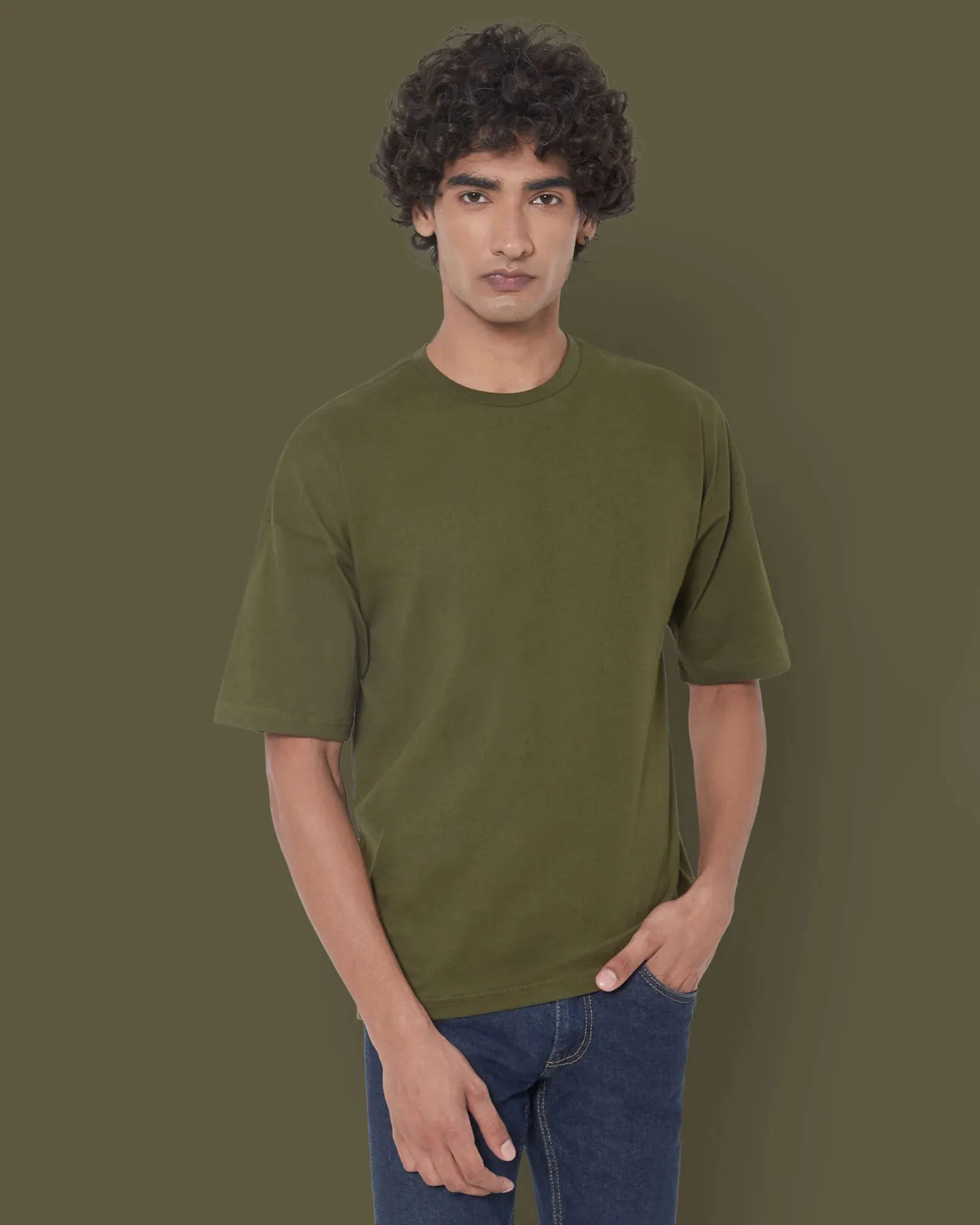 Drop Shoulder Crew Neck: Military Green