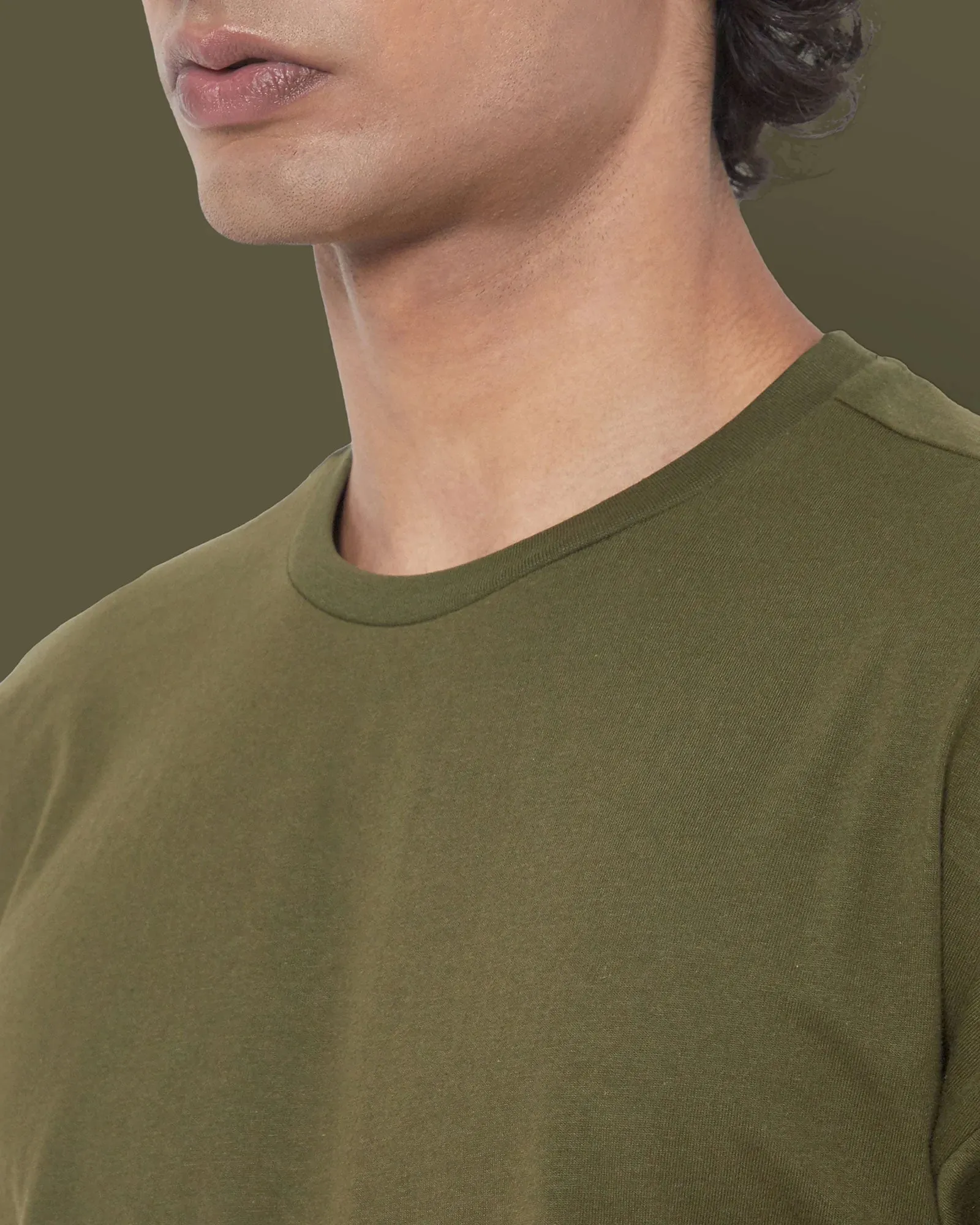 Drop Shoulder Crew Neck: Military Green