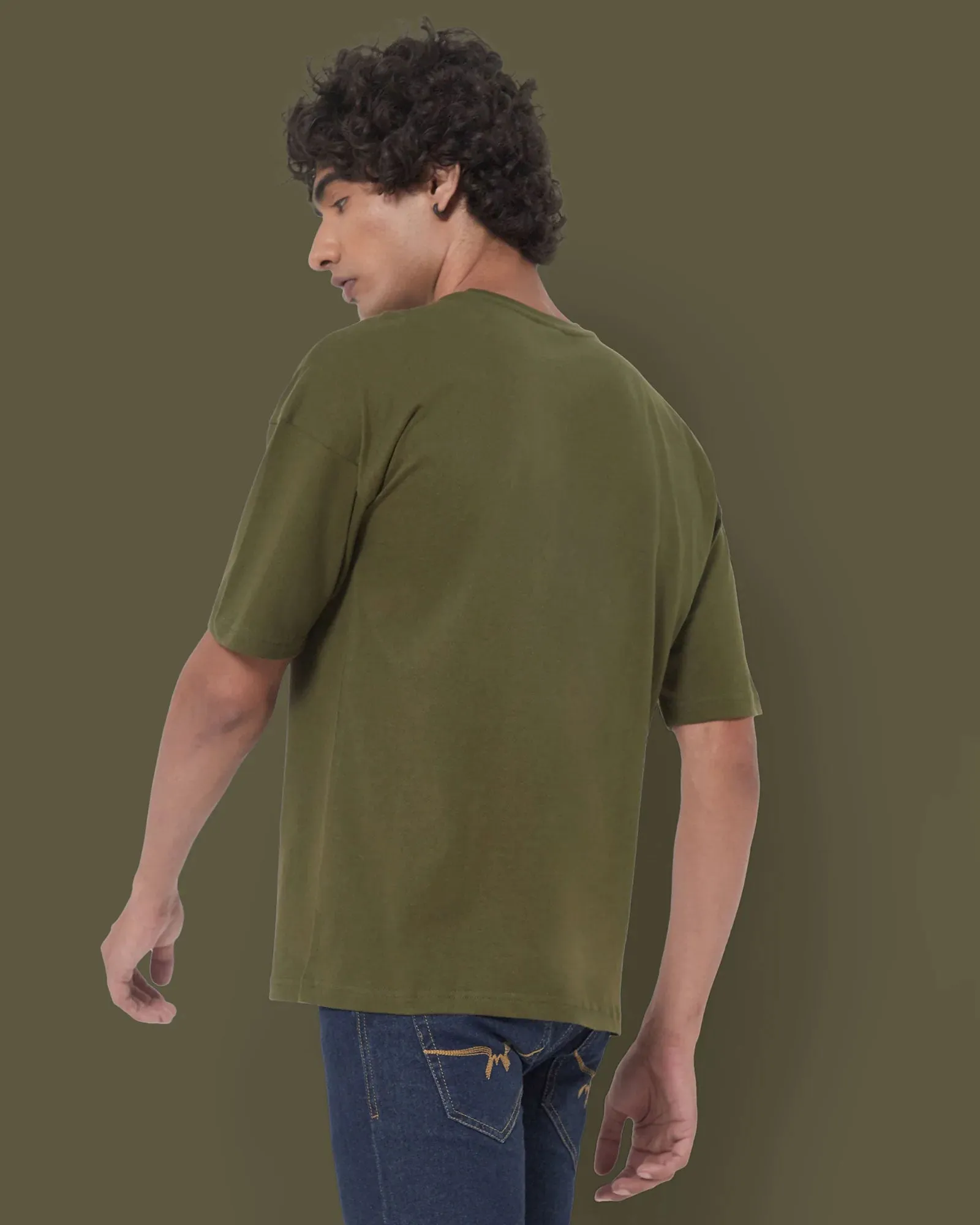 Drop Shoulder Crew Neck: Military Green