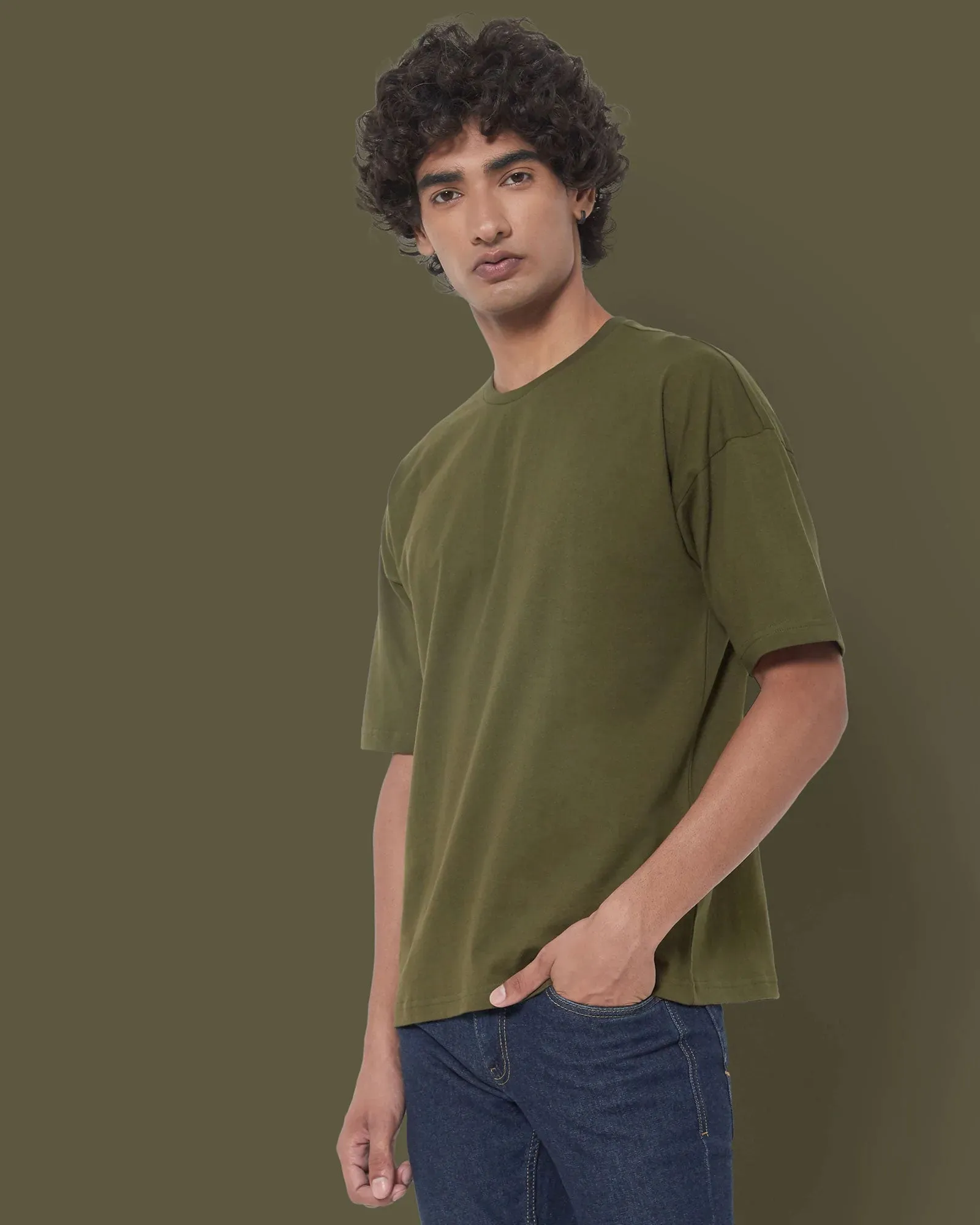 Drop Shoulder Crew Neck: Military Green