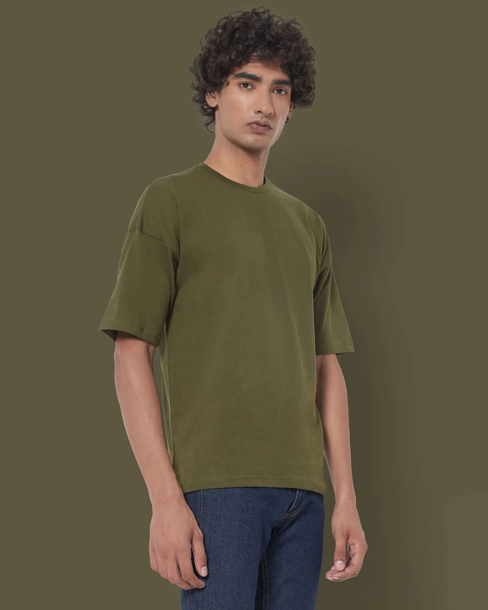 Drop Shoulder Crew Neck: Military Green