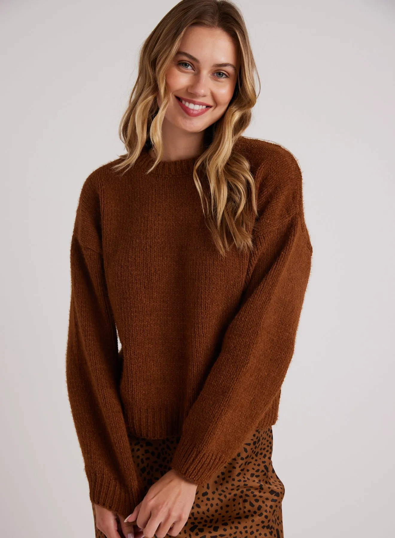 Drop Shoulder Fuzzy Chenille Sweater - Bronzed Maple