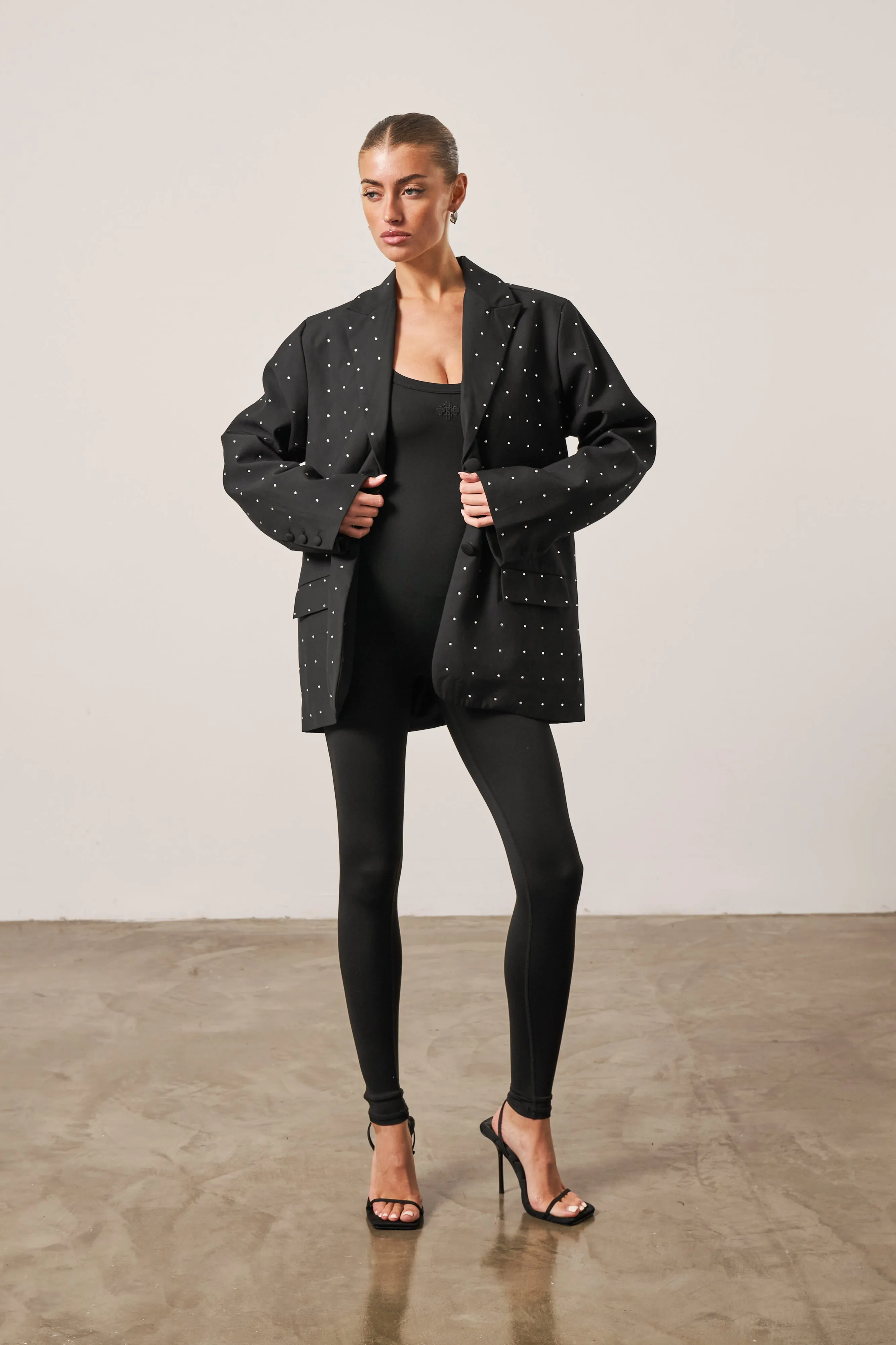 EMBELLISHED RHINESTONE OVERSIZED BLAZER - BLACK