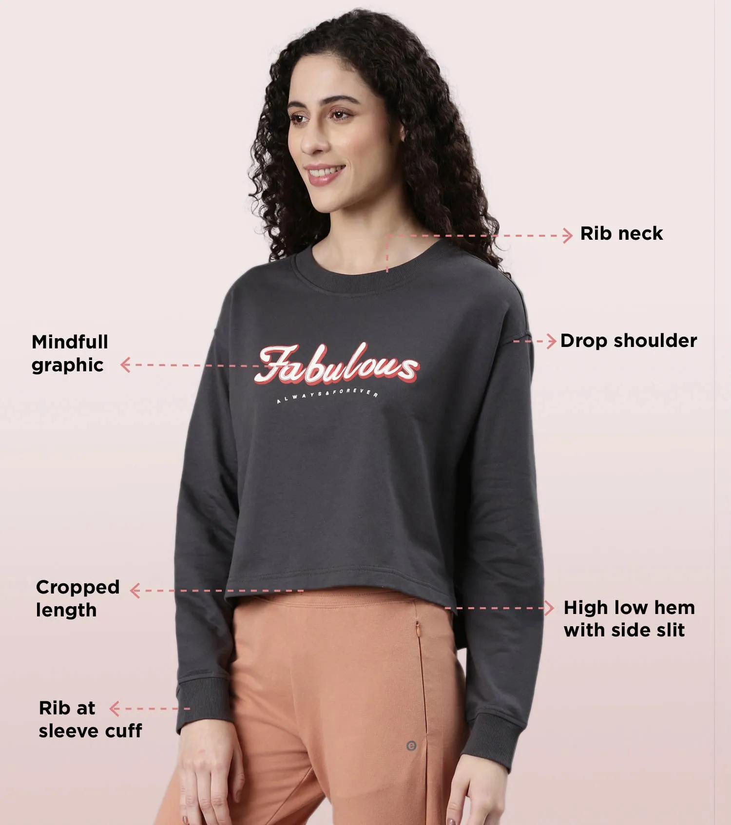 Enamor Drop Shoulder Sweat For Women | Cotton Terry Graphic Sweatshirt | E9G2