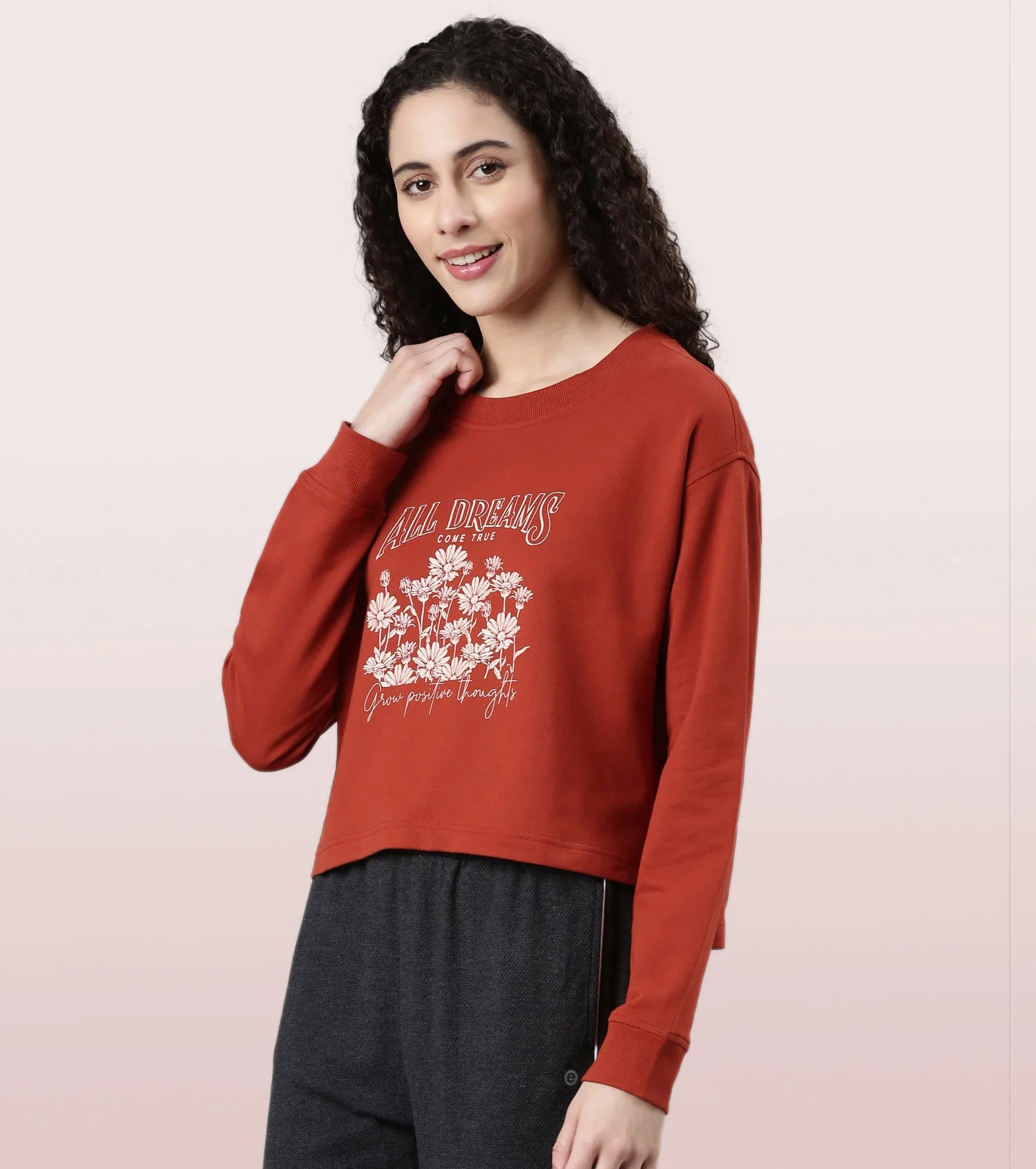 Enamor Drop Shoulder Sweat For Women | Cotton Terry Graphic Sweatshirt | E9G2