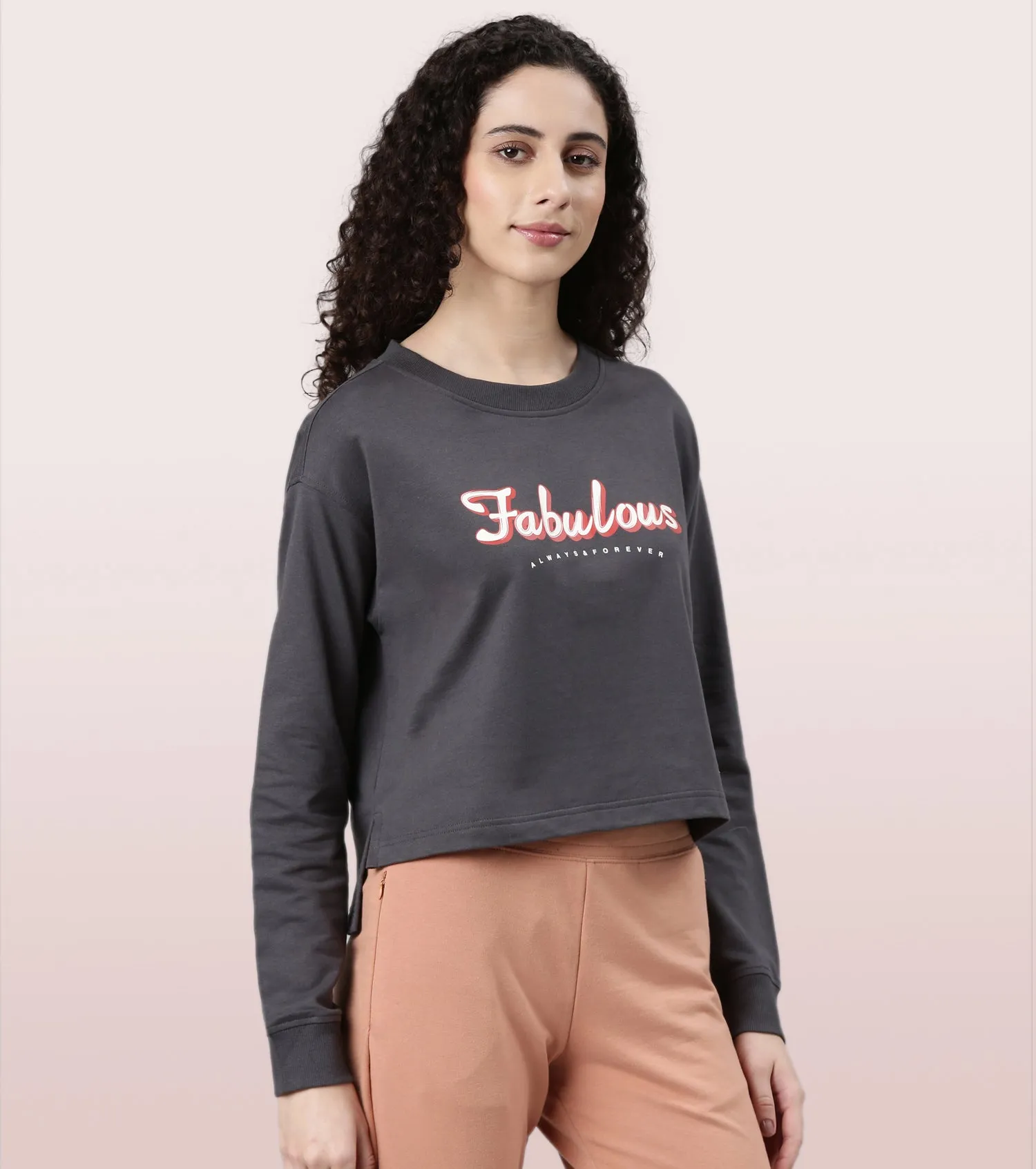 Enamor Drop Shoulder Sweat For Women | Cotton Terry Graphic Sweatshirt | E9G2