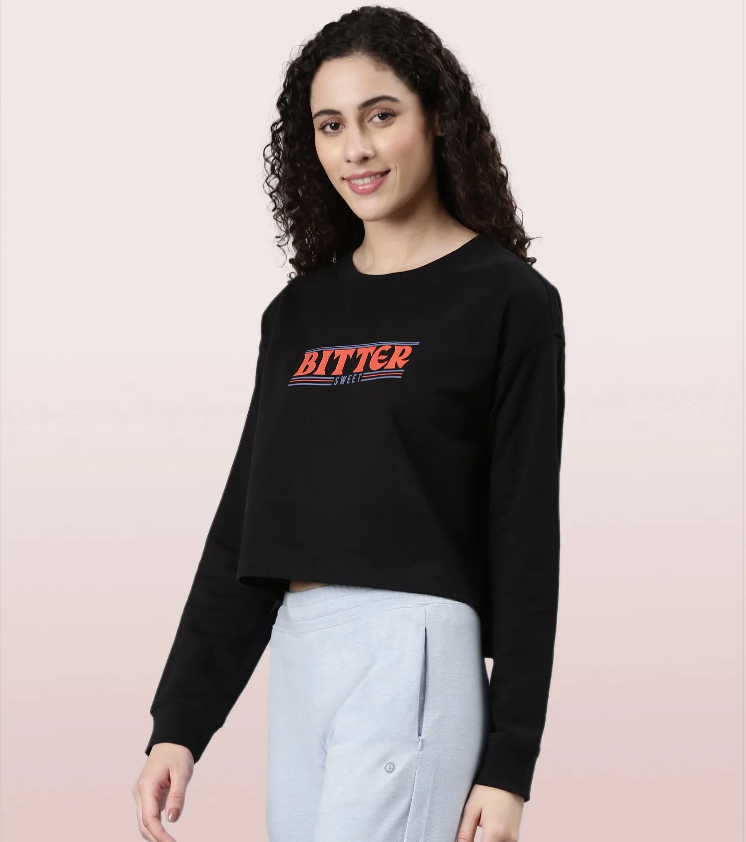 Enamor Drop Shoulder Sweat For Women | Cotton Terry Graphic Sweatshirt | E9G2