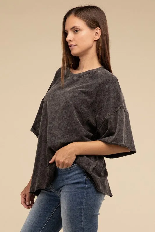 French Terry Washed Drop Shoulder Short Sleeve Top