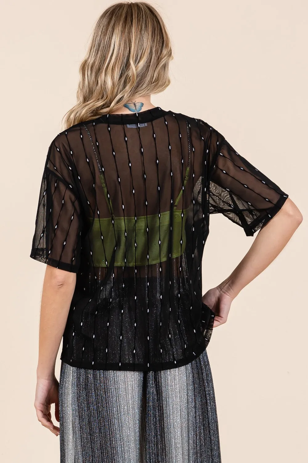 GeeGee Round Neck Drop Shoulder Mesh Glitter Top