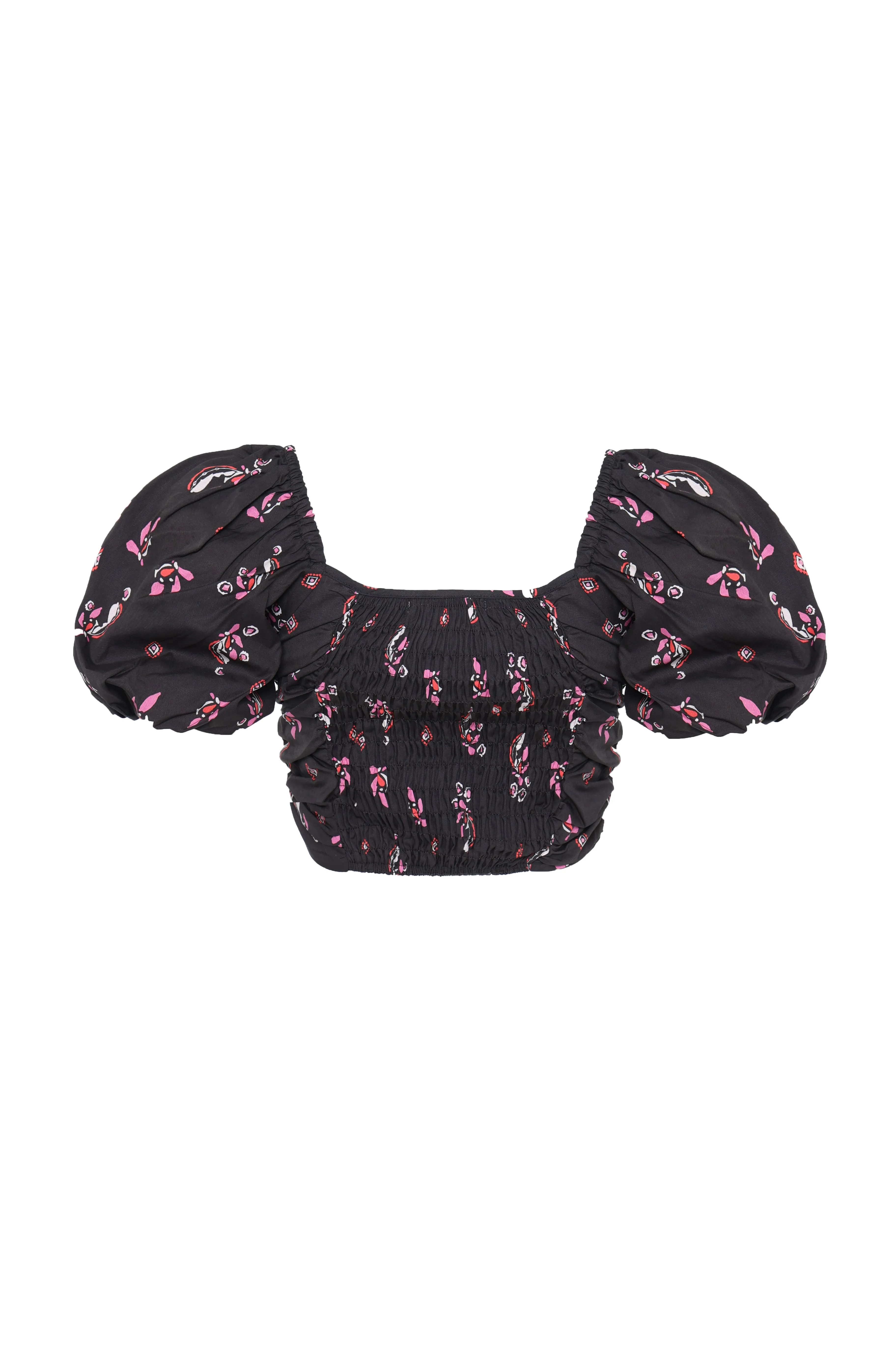 Glamorous Black Pink Motif Puff Shoulder Crop Top