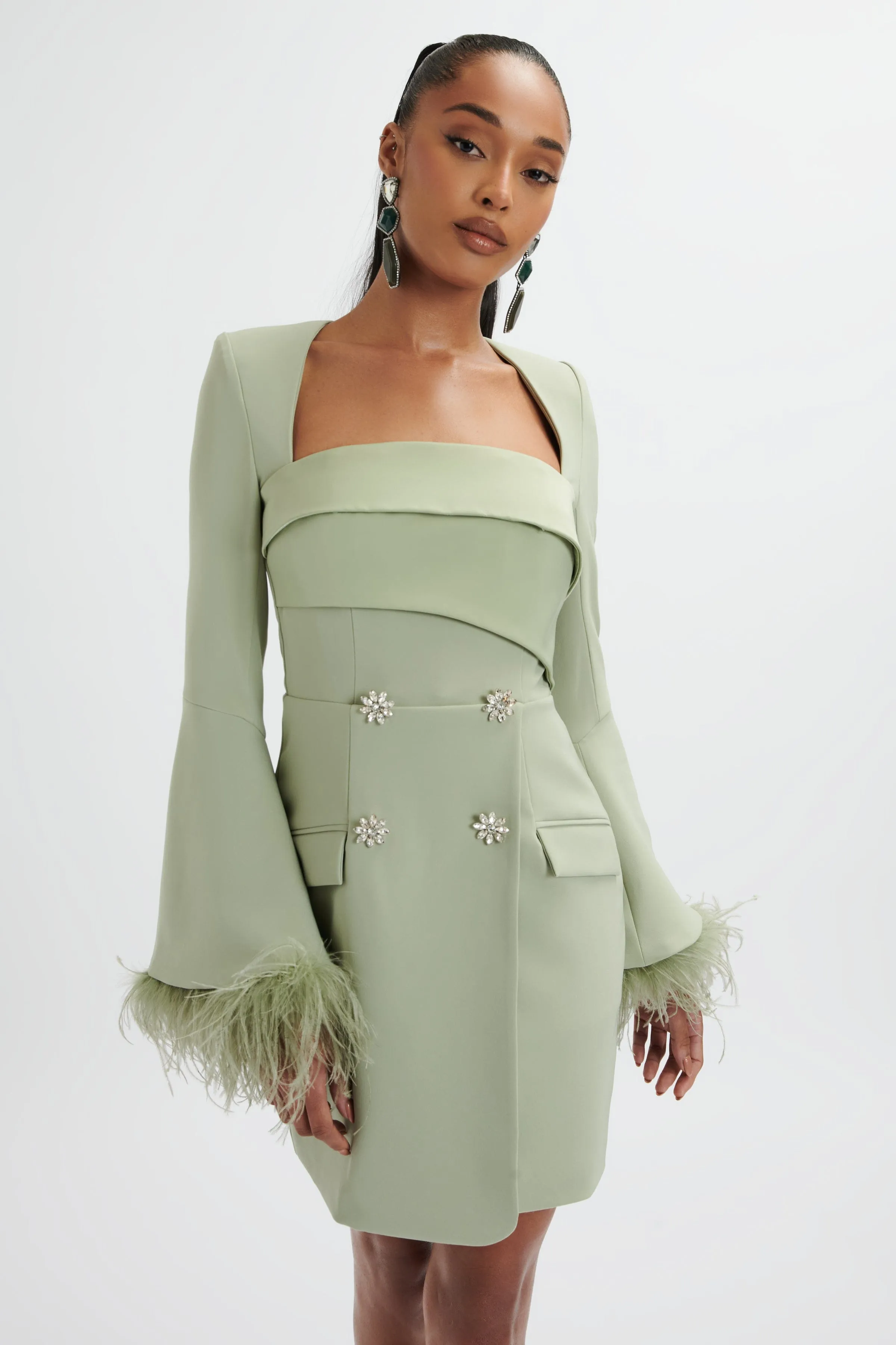 IONA Fluted Feather Sleeve Blazer Dress In Sage Green