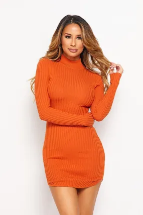 Long Sleeve Mock Neck Mini Dress in Orange