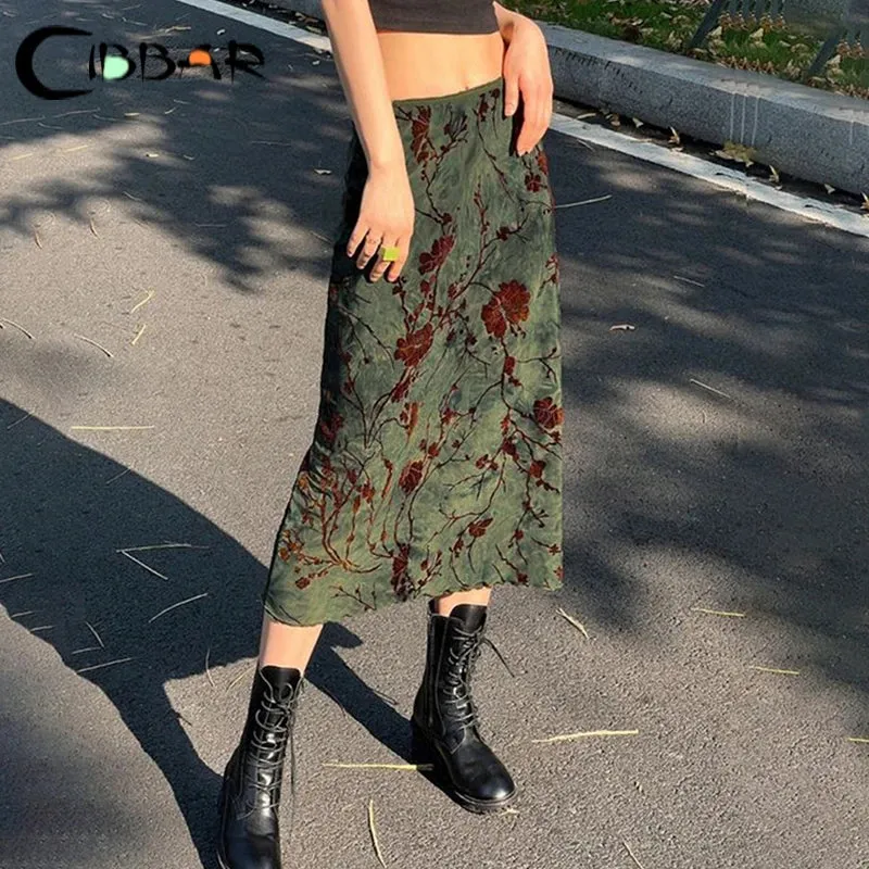 LVSANW CIBBAR Harajuku Floral Print Long Skirt Vintage Low Rise Straight Midi Skirts for Women Autumn Basic All-match Skirts Ladies Y2k