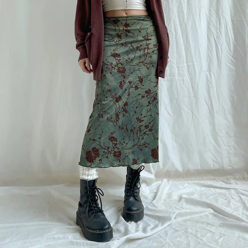 LVSANW CIBBAR Harajuku Floral Print Long Skirt Vintage Low Rise Straight Midi Skirts for Women Autumn Basic All-match Skirts Ladies Y2k