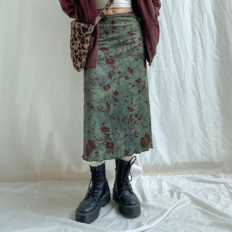 LVSANW CIBBAR Harajuku Floral Print Long Skirt Vintage Low Rise Straight Midi Skirts for Women Autumn Basic All-match Skirts Ladies Y2k